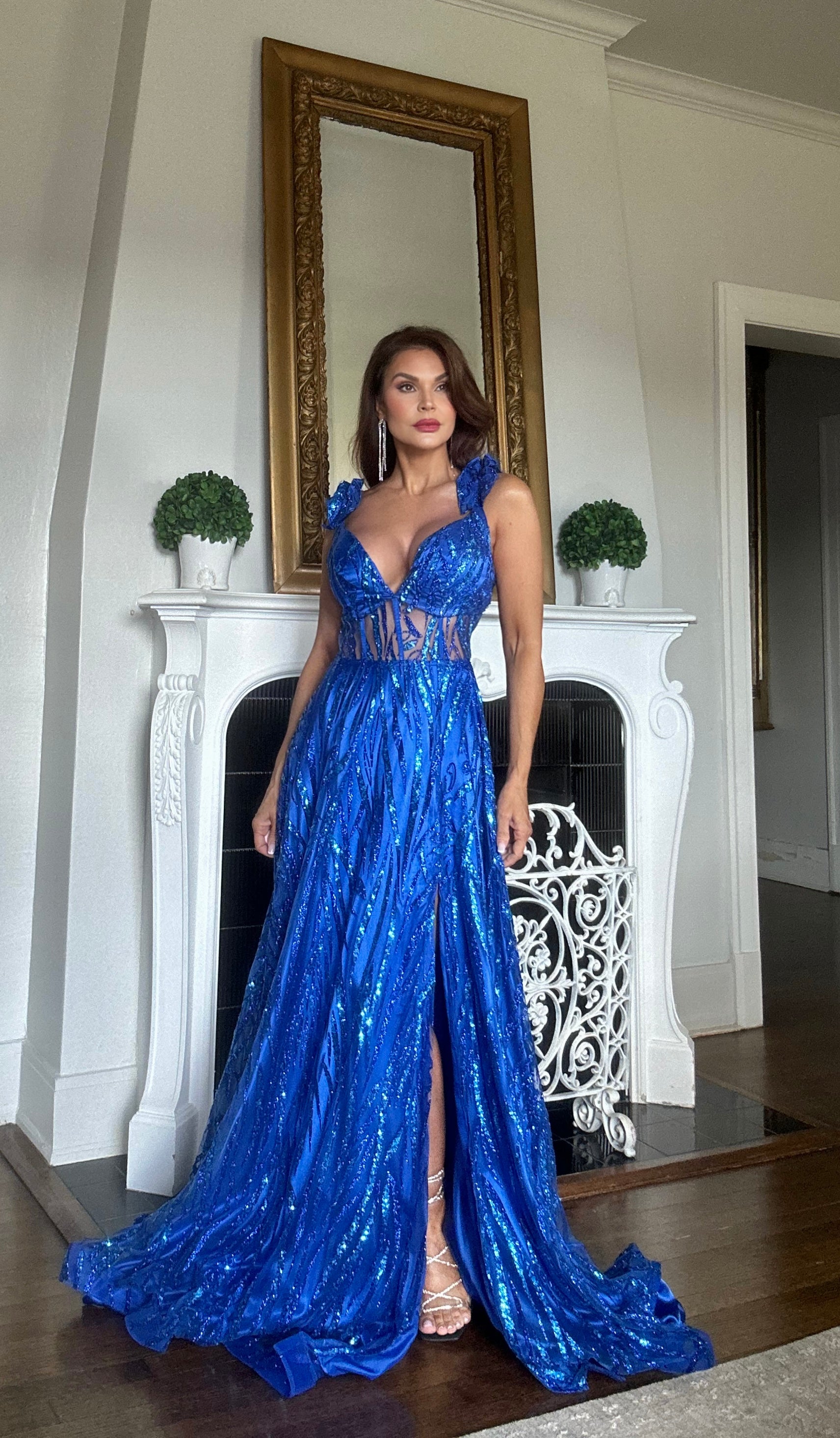 Dina royal blue sequin corset formal with slit