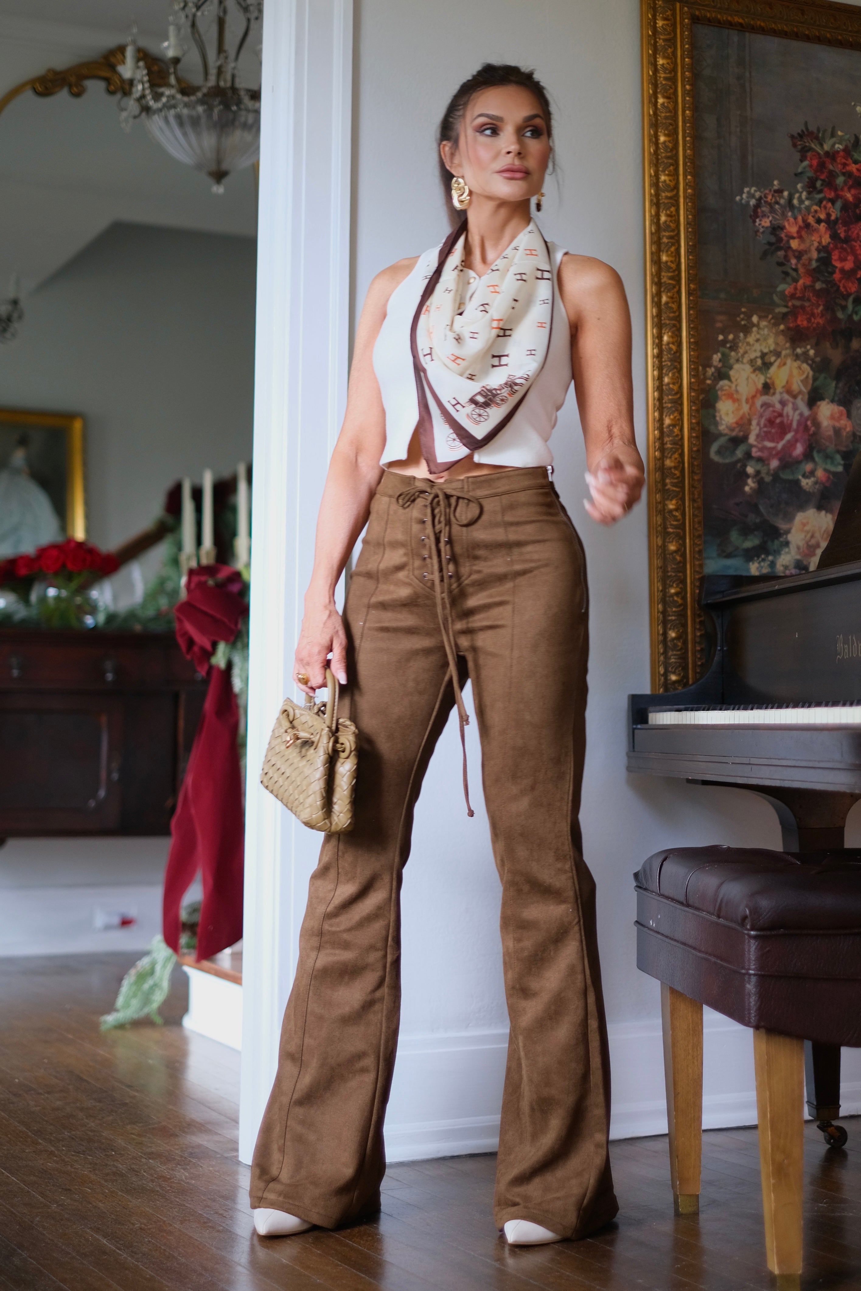 Brielle Brown Suede Flare Lace Up Pants