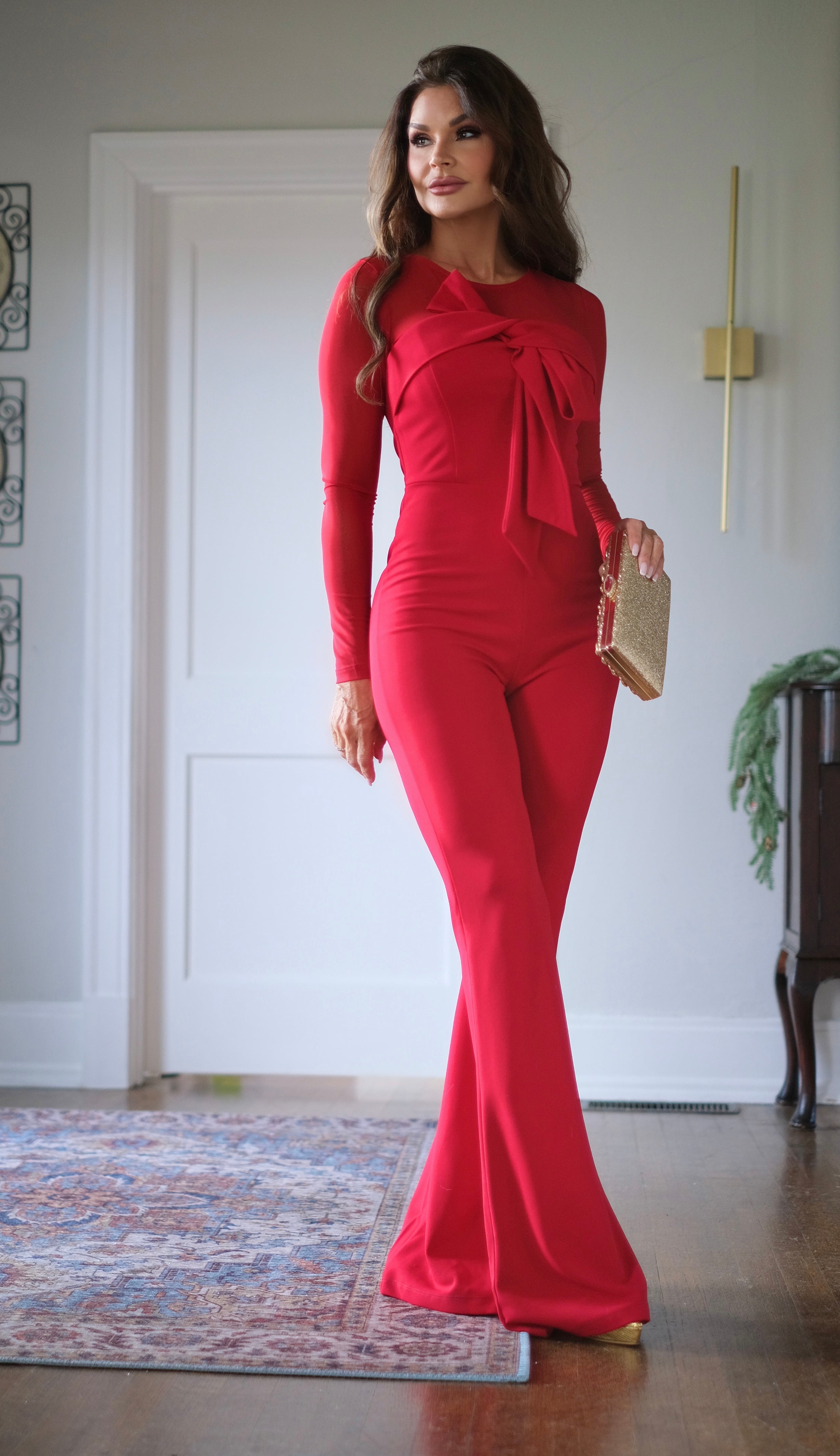 Rita Red Mesh Sleeved Jumpsuit with Bow Detail