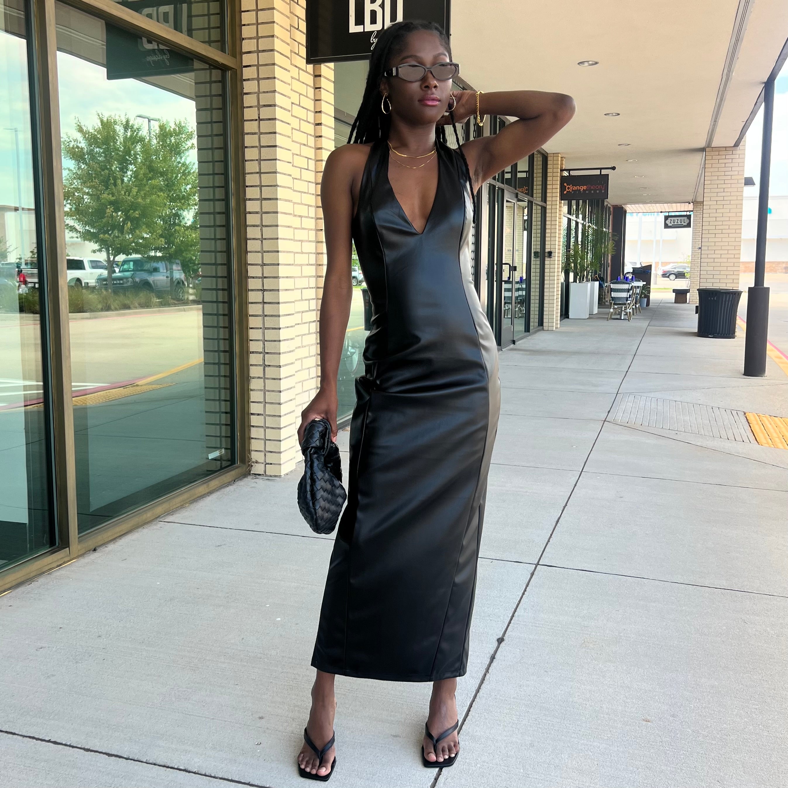 Portia Black Vegan Leather Halter Midi Dress