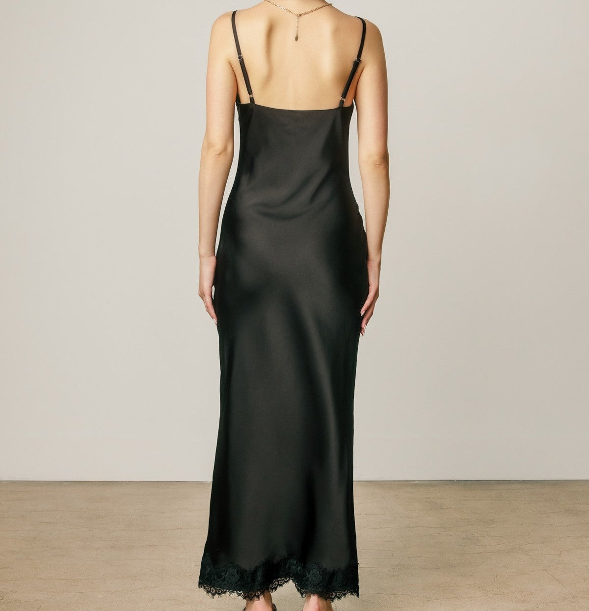 Tatum Black Satin Lace Trim Slip Maxi Dress