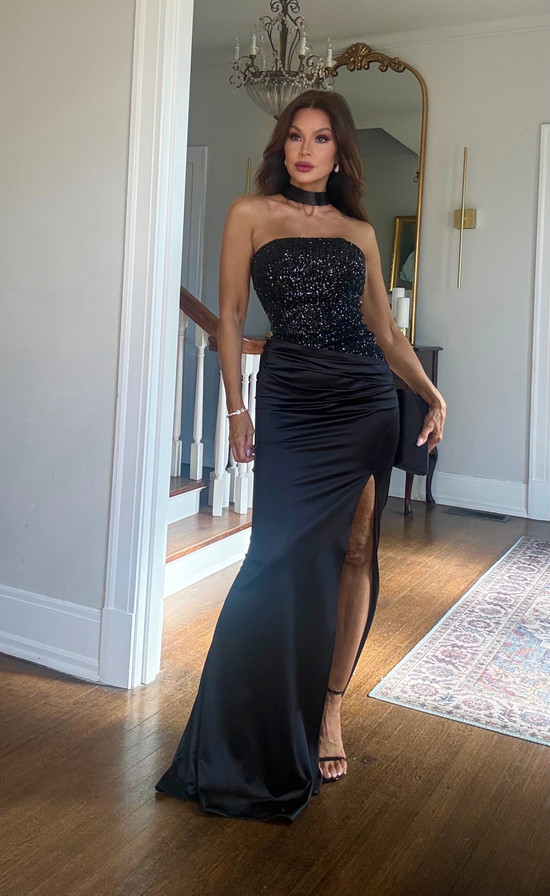 Reign black sequin bodice lace up satin formal