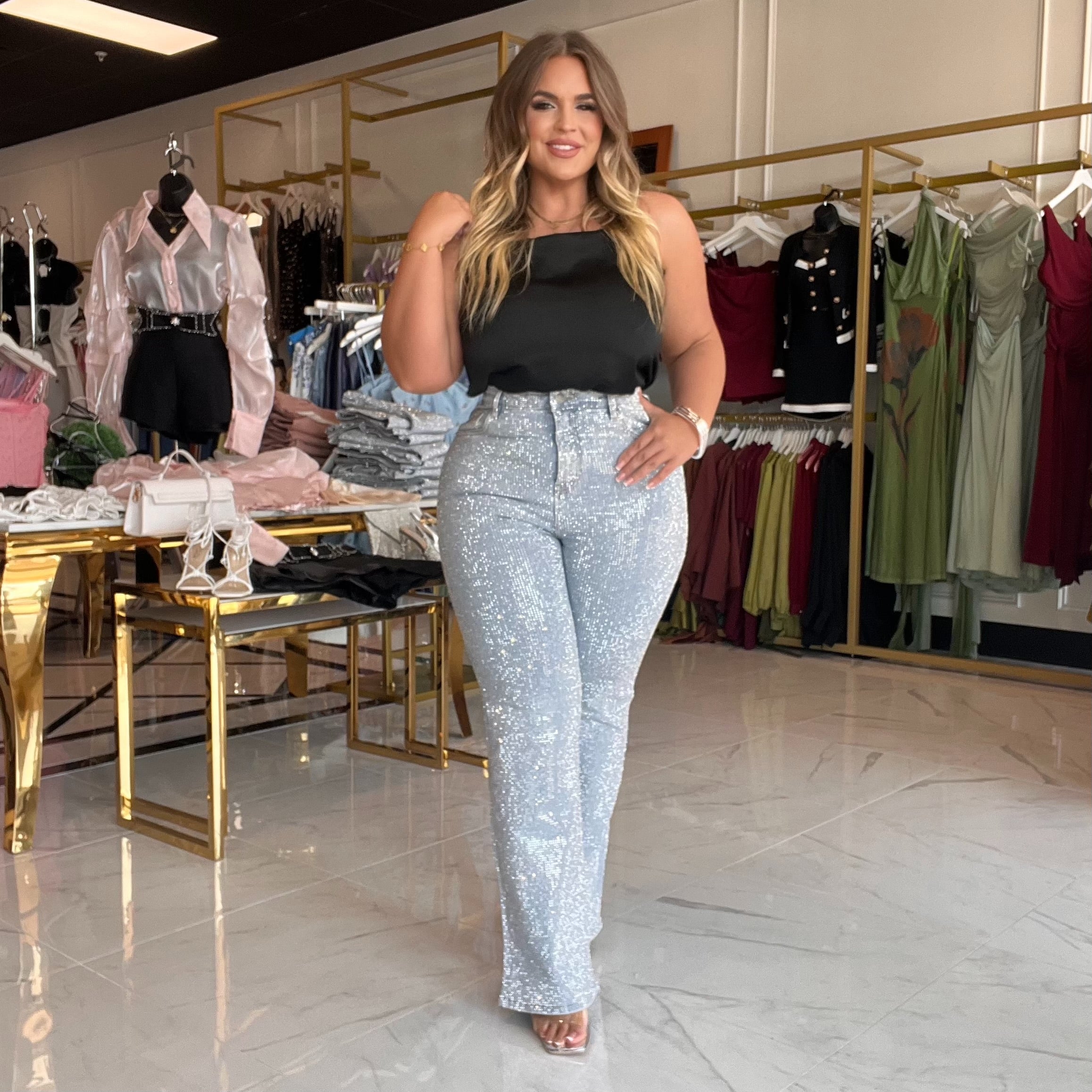 Eliana Rhinestone Studded High Waist Straight Jeans