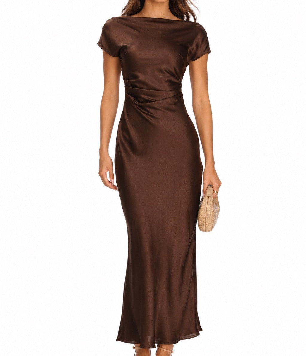 Cassandra Brown Satin Boat Neck Maxi Dress