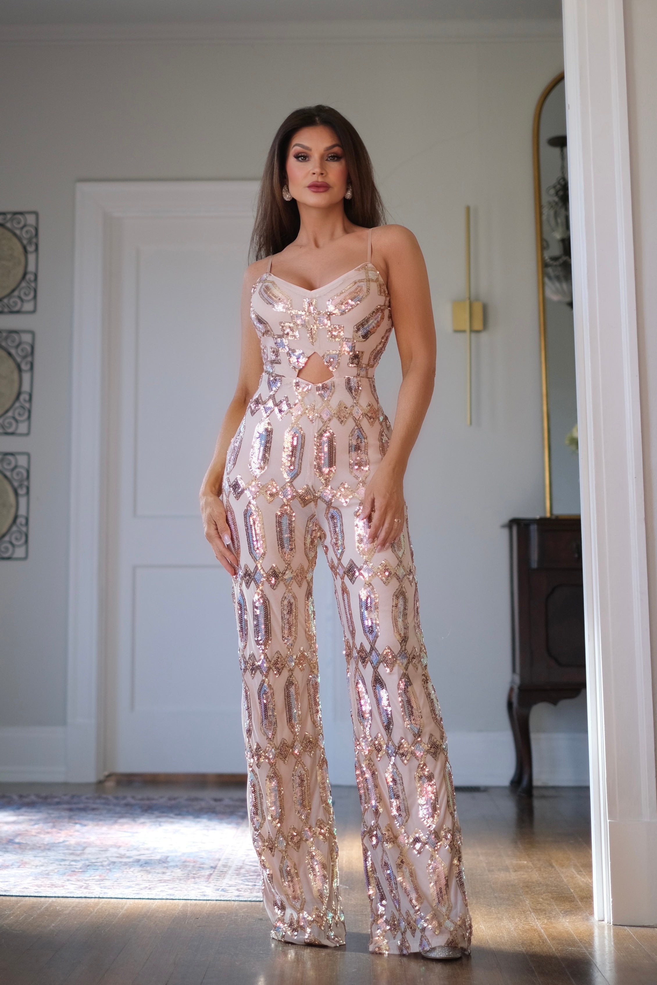 Ty taupe sequin jumpsuit with keyhole