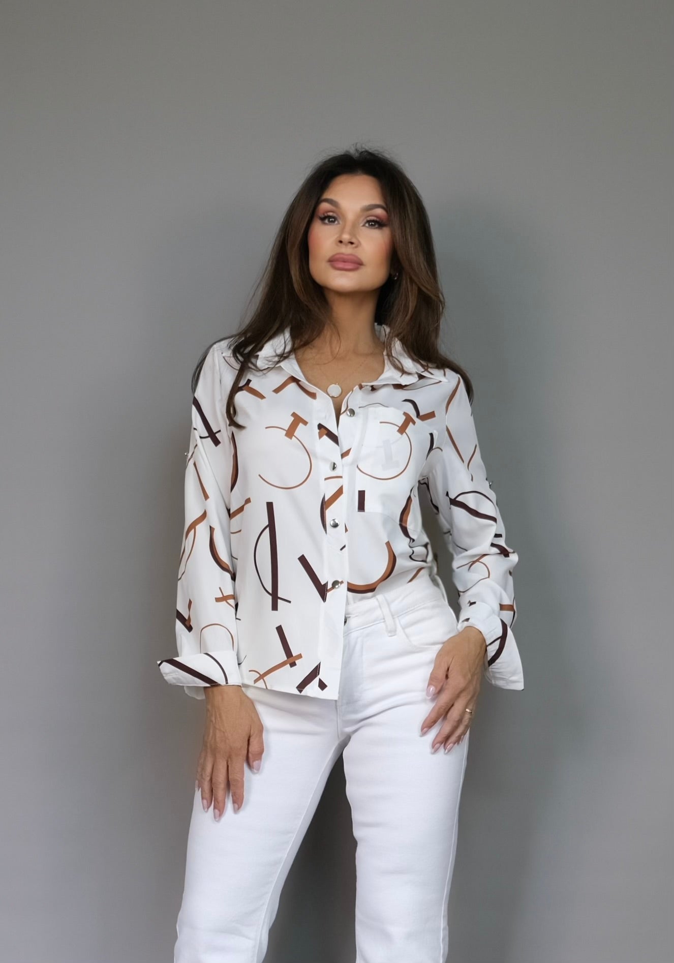 Abilene white and brown abstract line button up