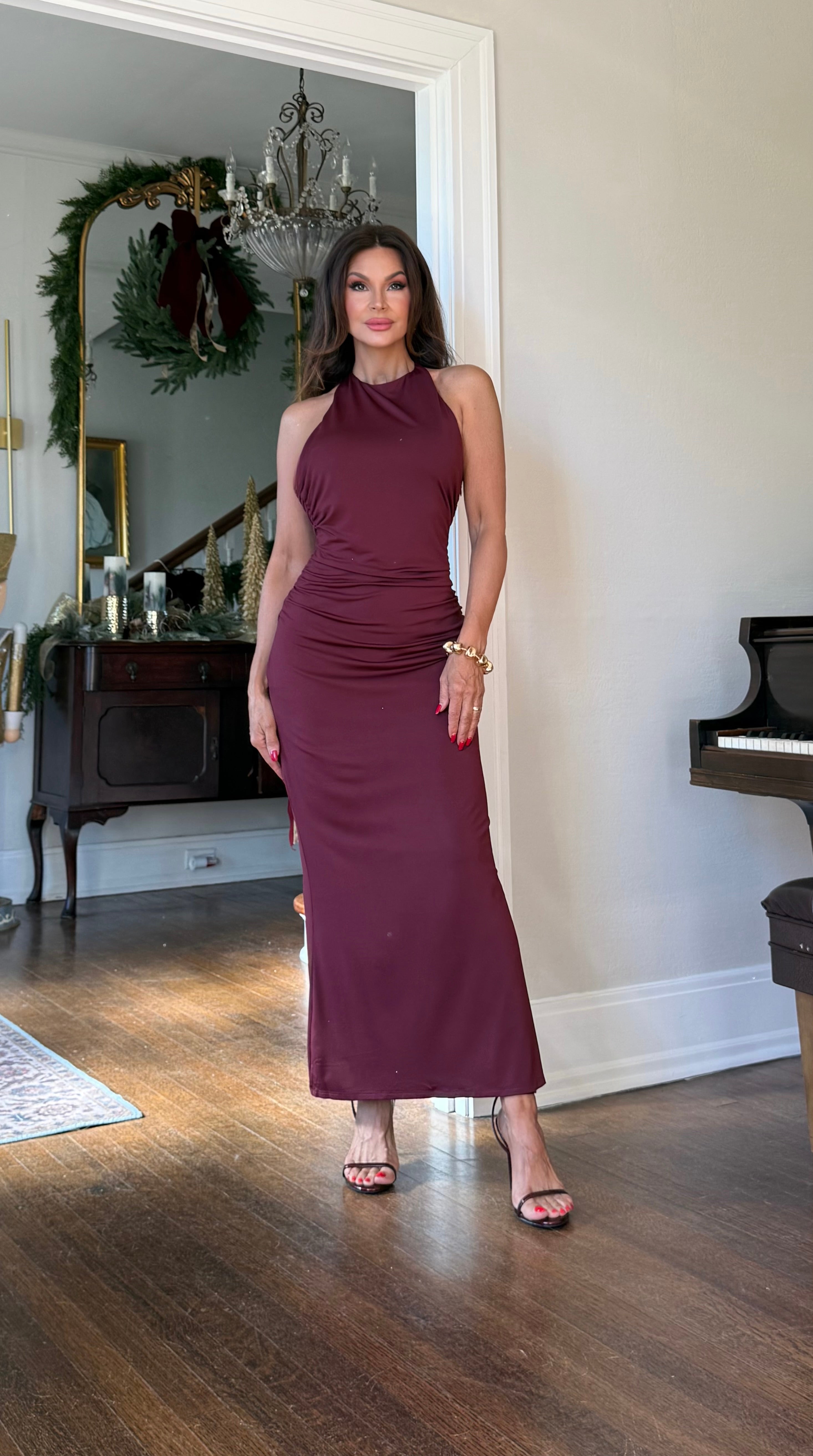 Bella Burgundy Halter Neck Side Ruche Midi Dress