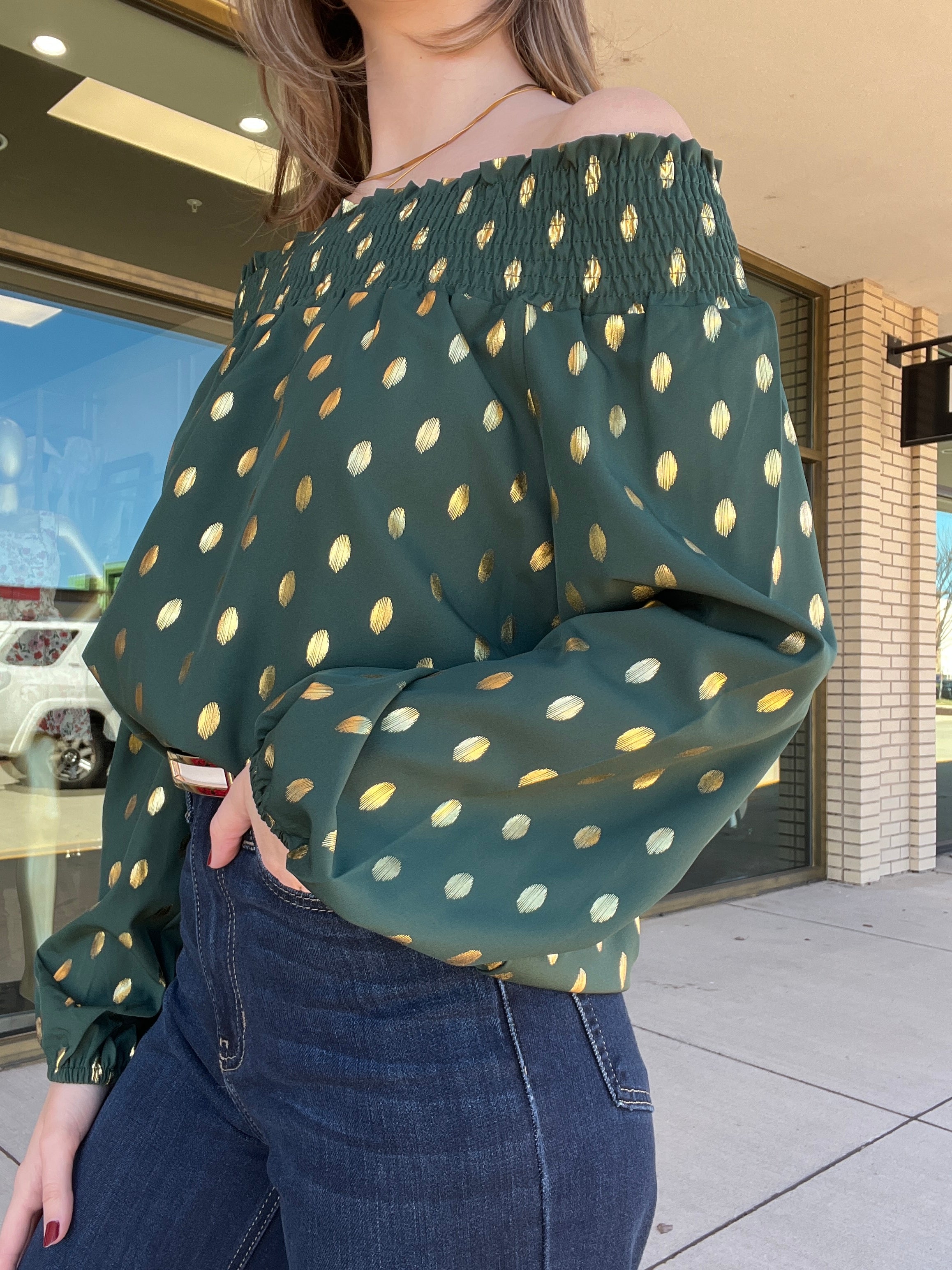 Darlene gold dot off the shoulder blouse