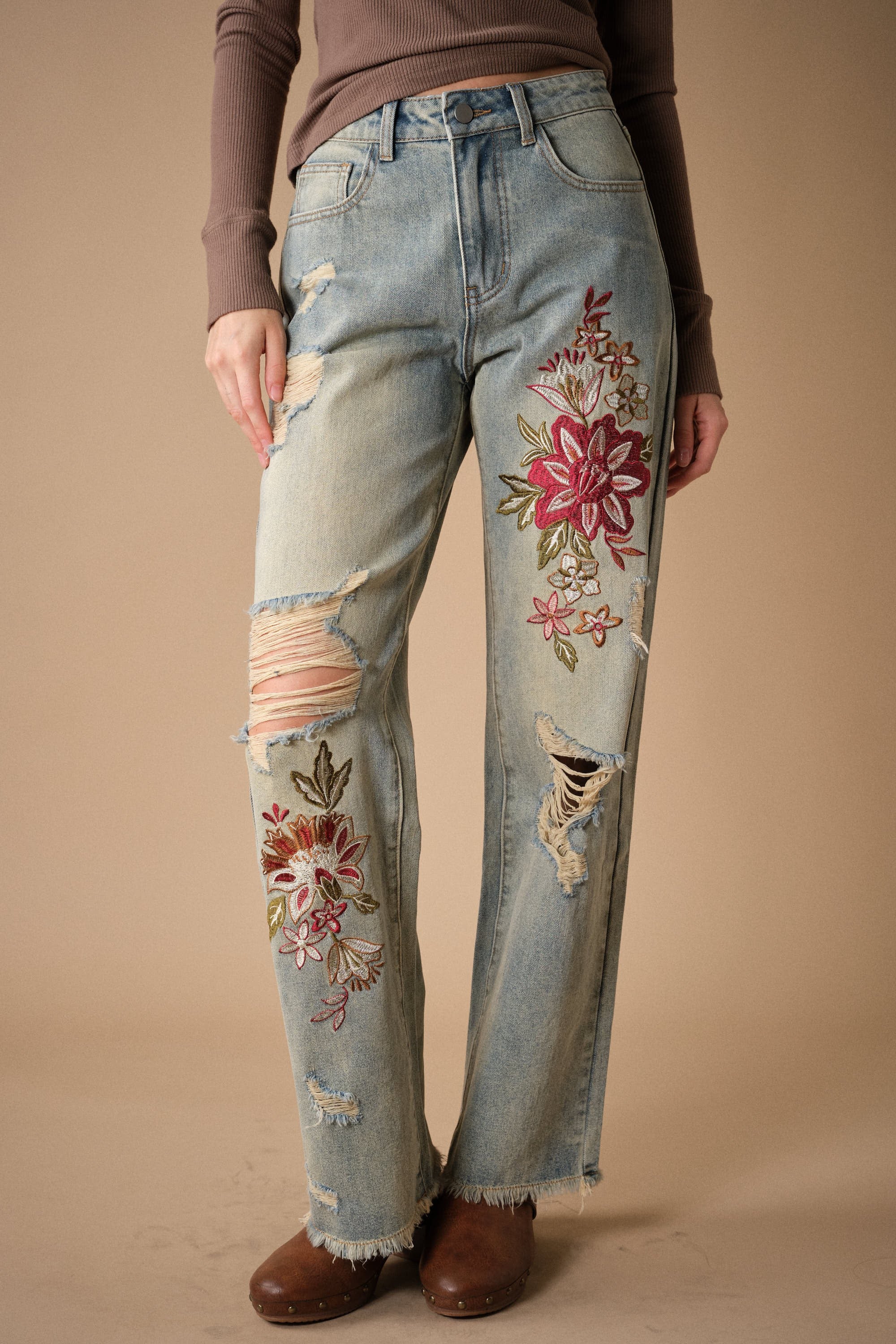 Vicki Denim Floral Embroidered Distressed Jeans