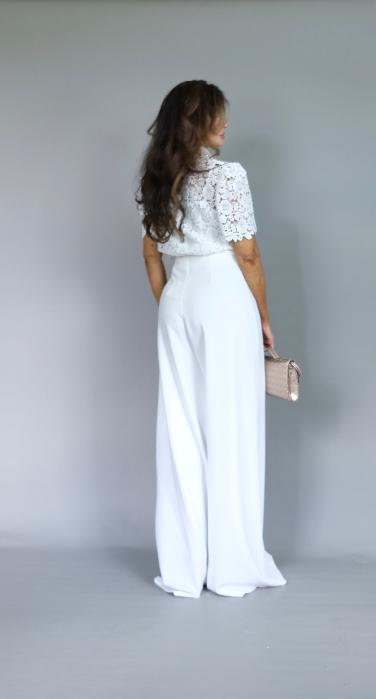 Paulina white overlay top with pearl embellished collar