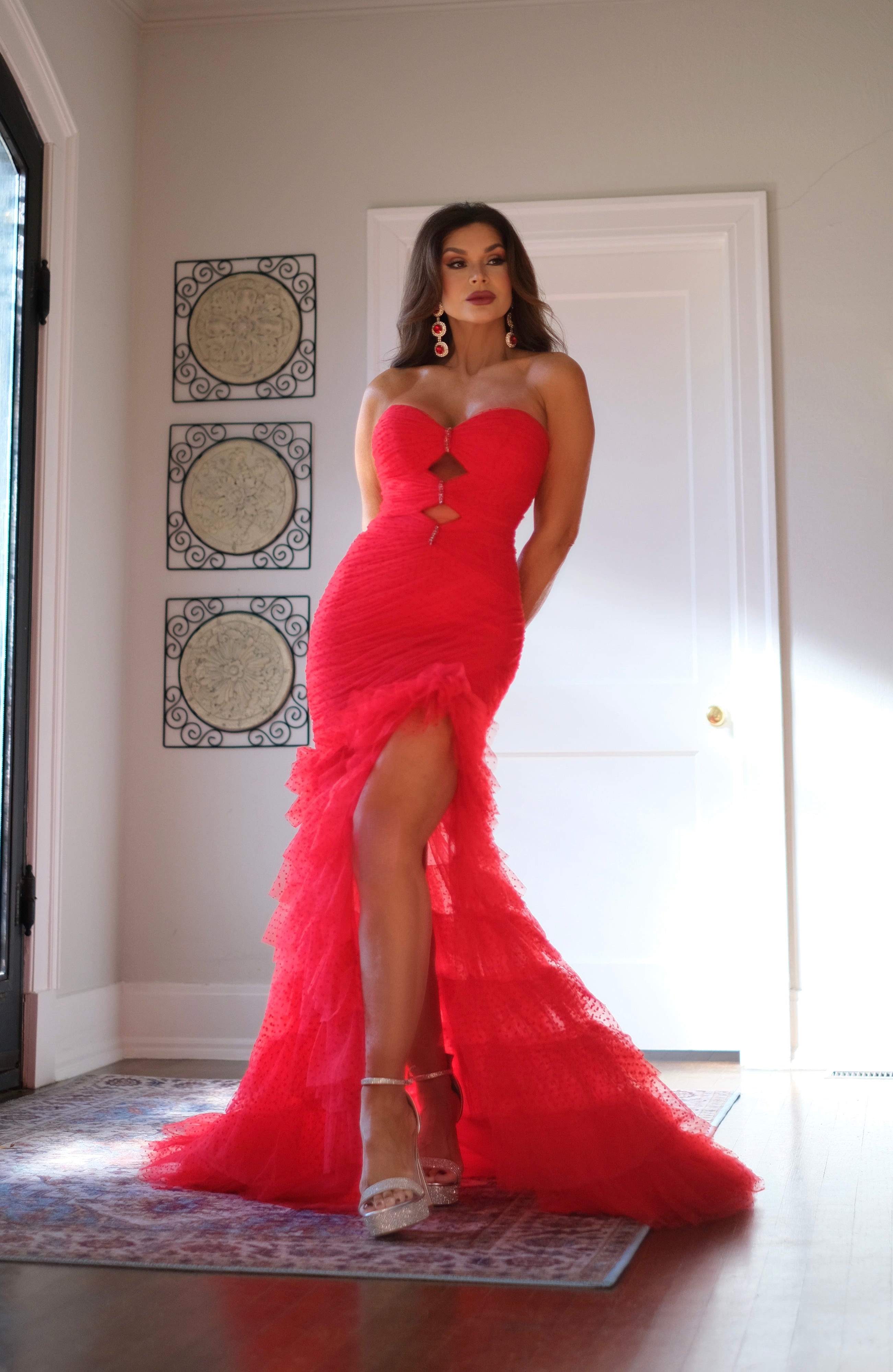 Cupid red strapless mesh meramid dress