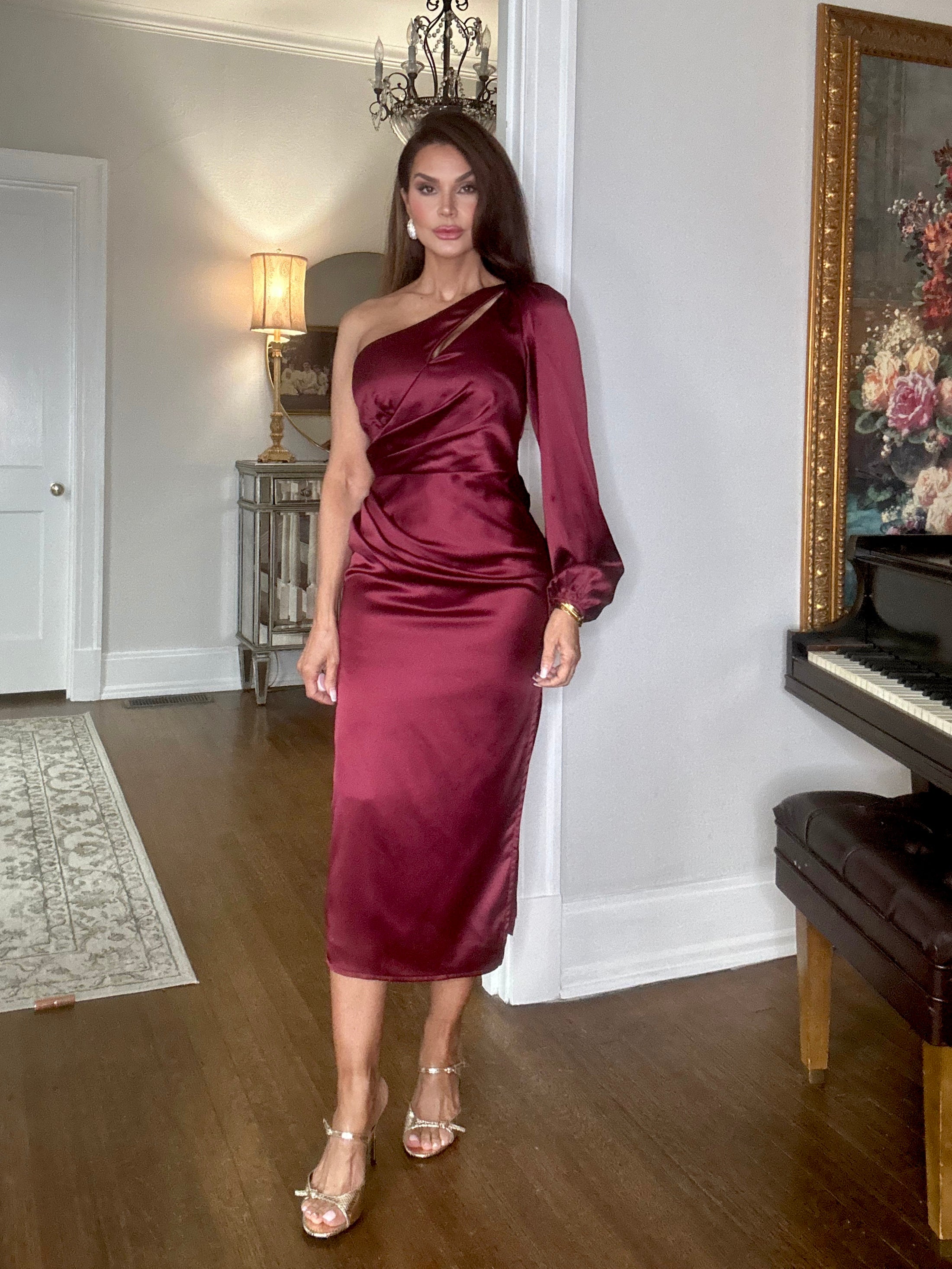 Marlene wine satin one shoulder long sleeve midi dress