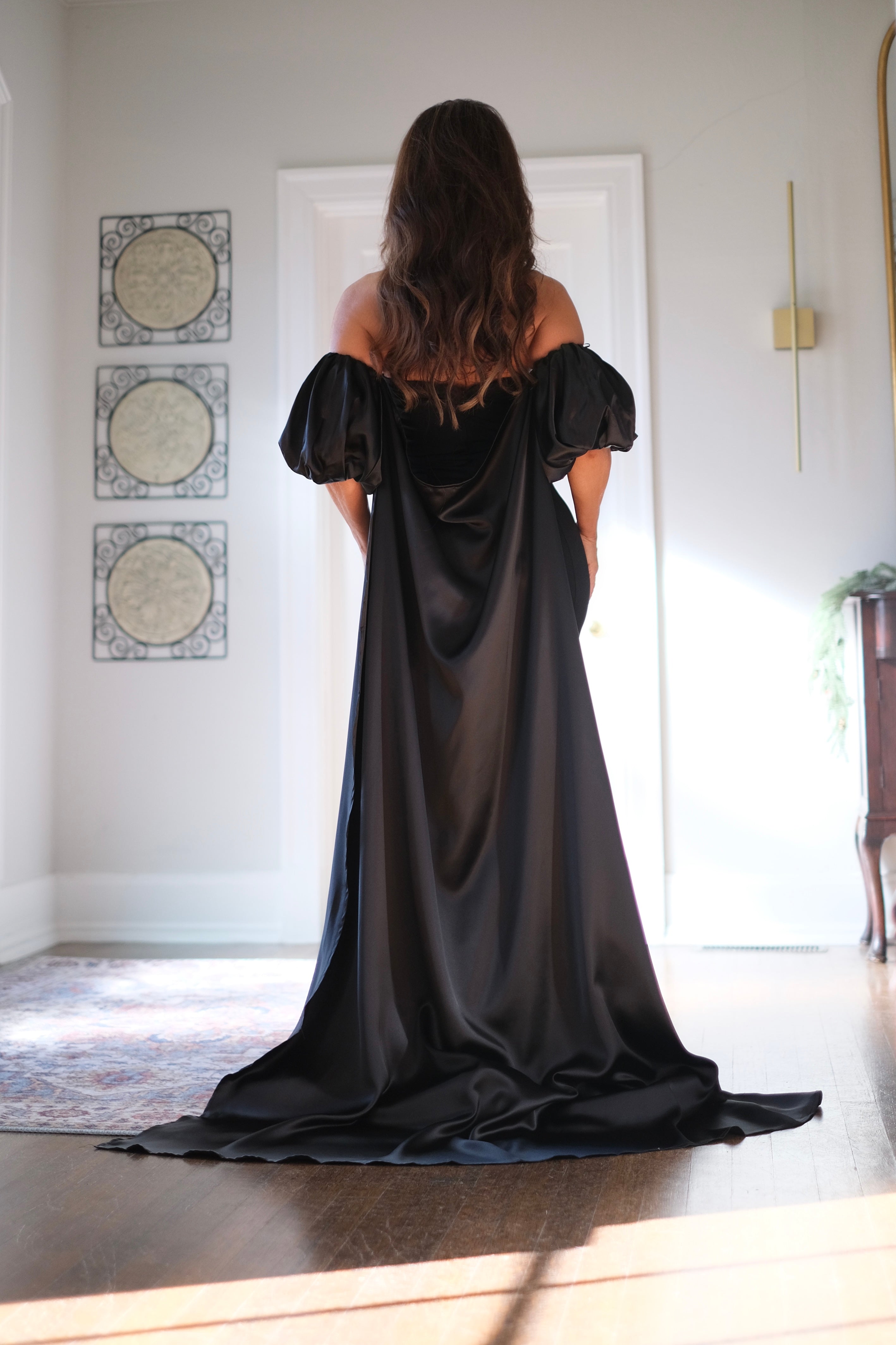 Luna black strapless formal with slit and cape