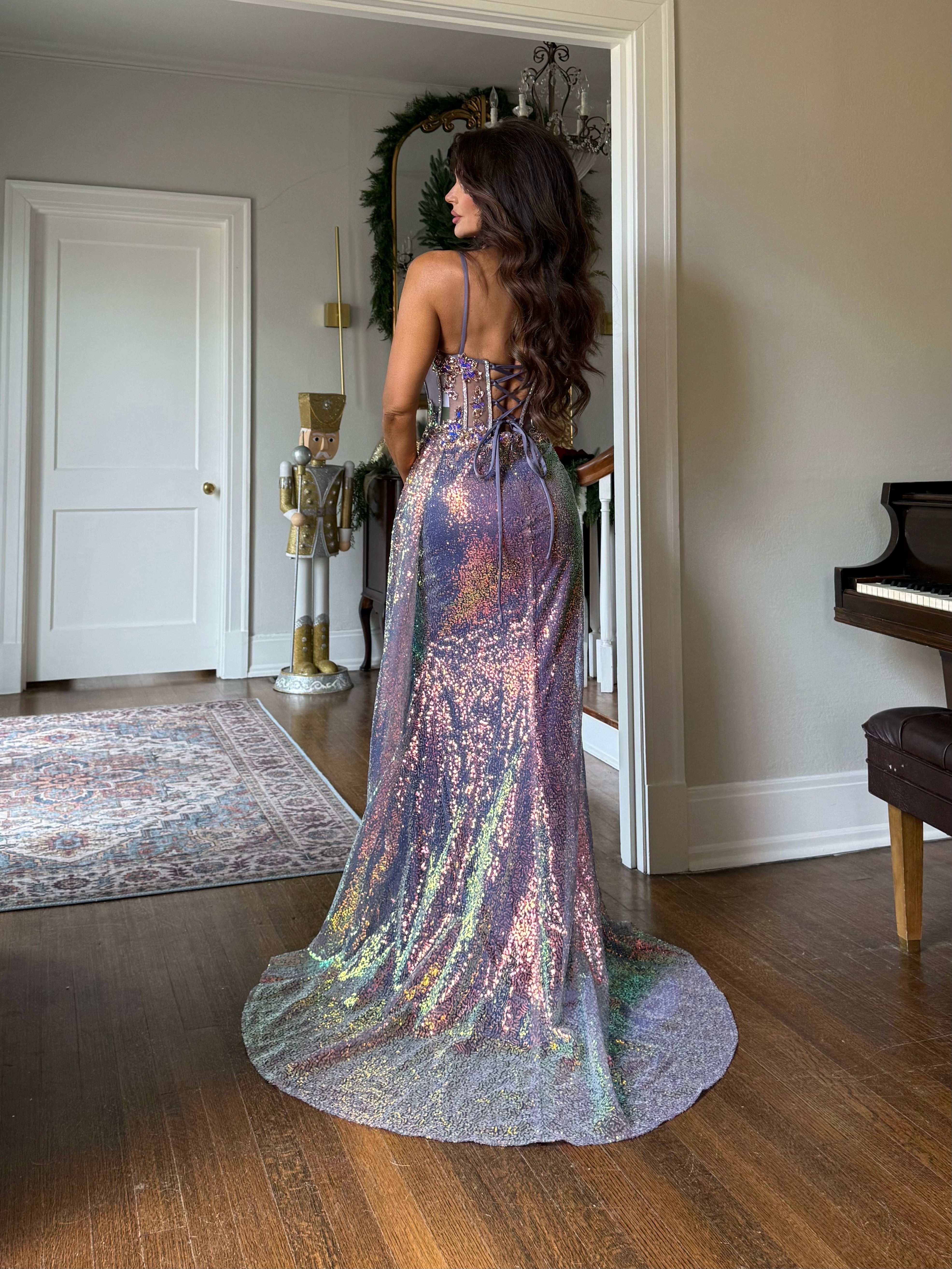 Gloria purple iridescent sequin corset formal