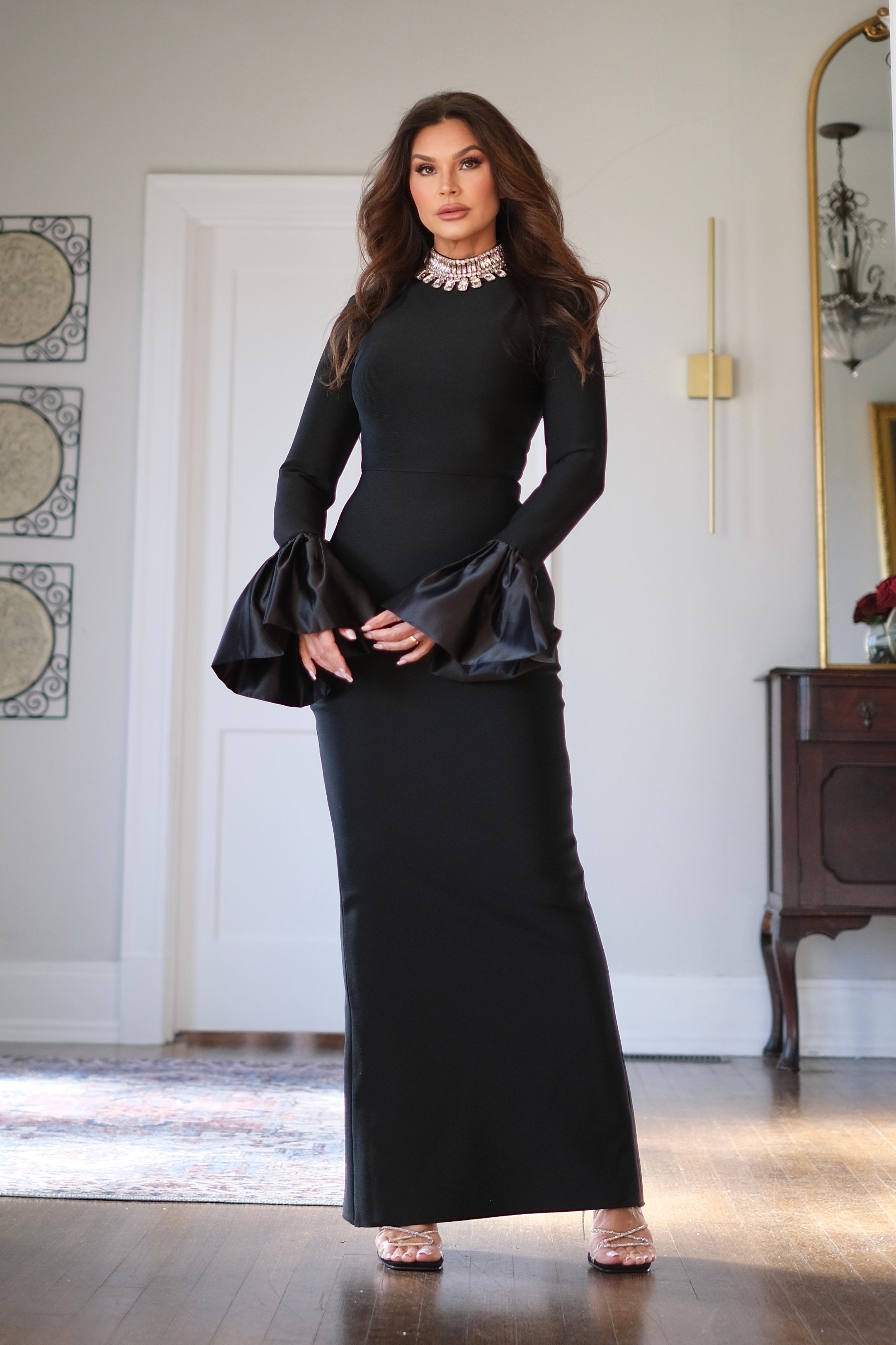 Loni black bandage midi dress with satin sleeve ruffles and crystal detail