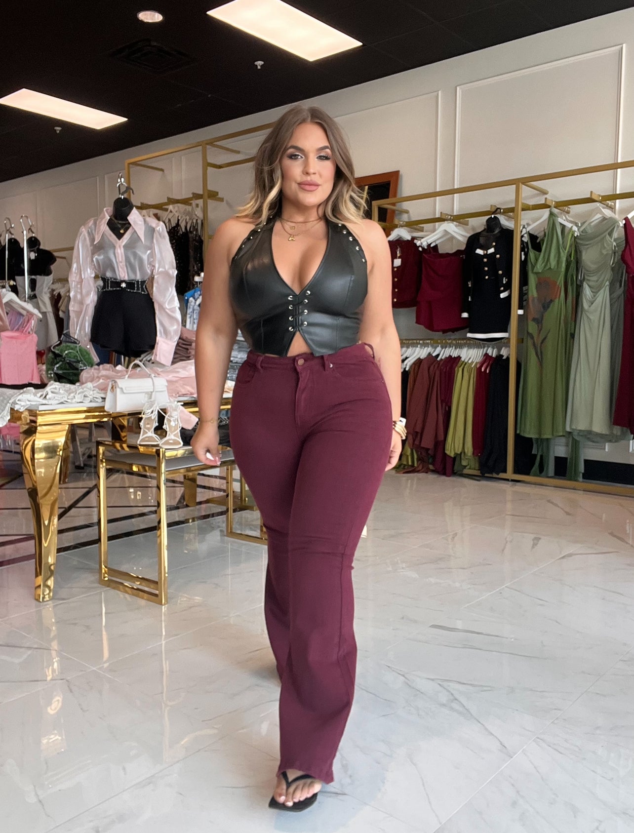 Luna Burgundy High Waist Flare Jeans