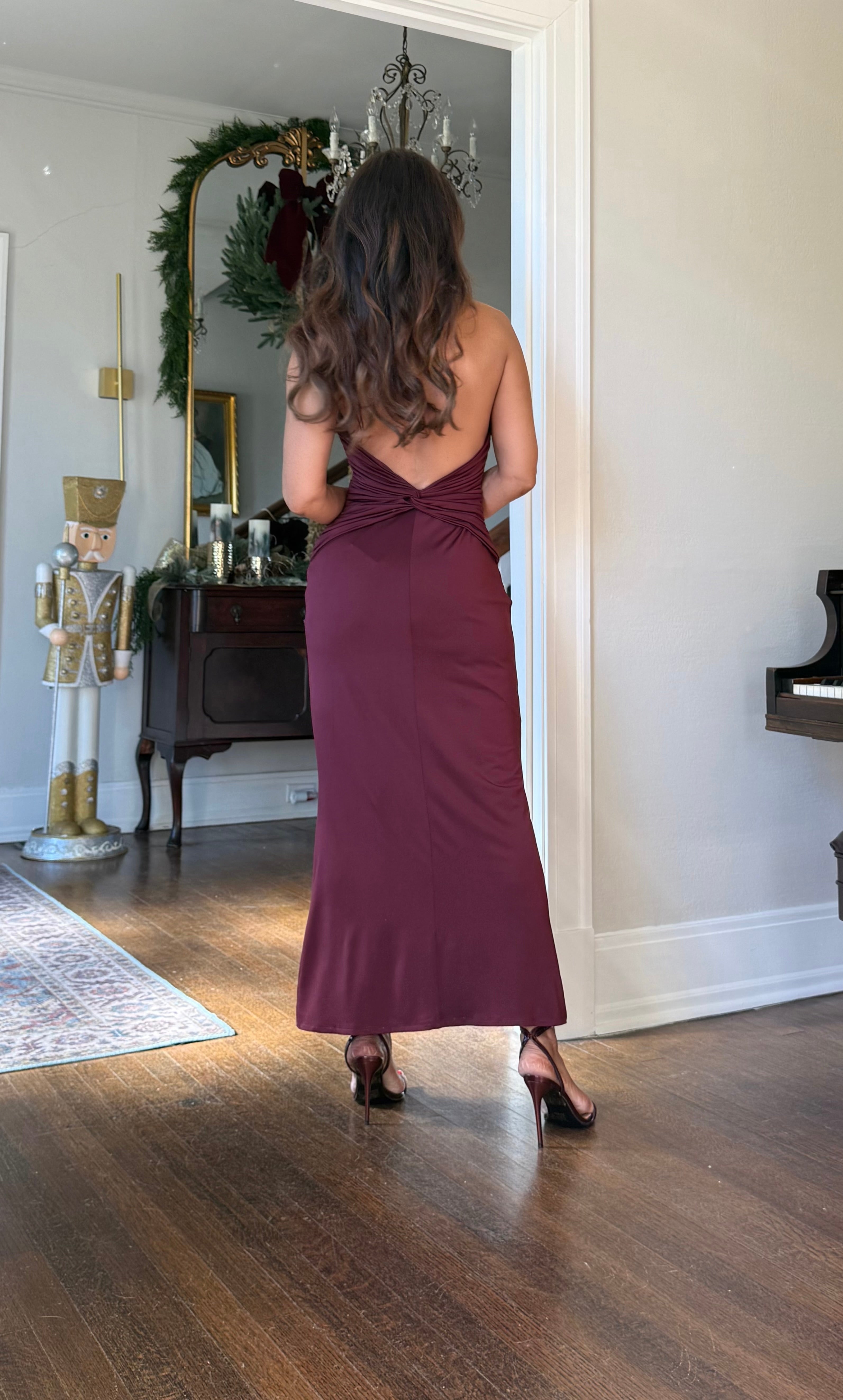 Bella Burgundy Halter Neck Side Ruche Midi Dress