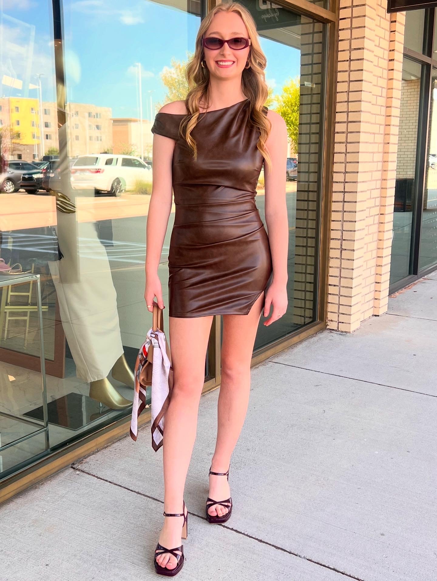 Kantral chocolate faux leather off shoulder mini dress