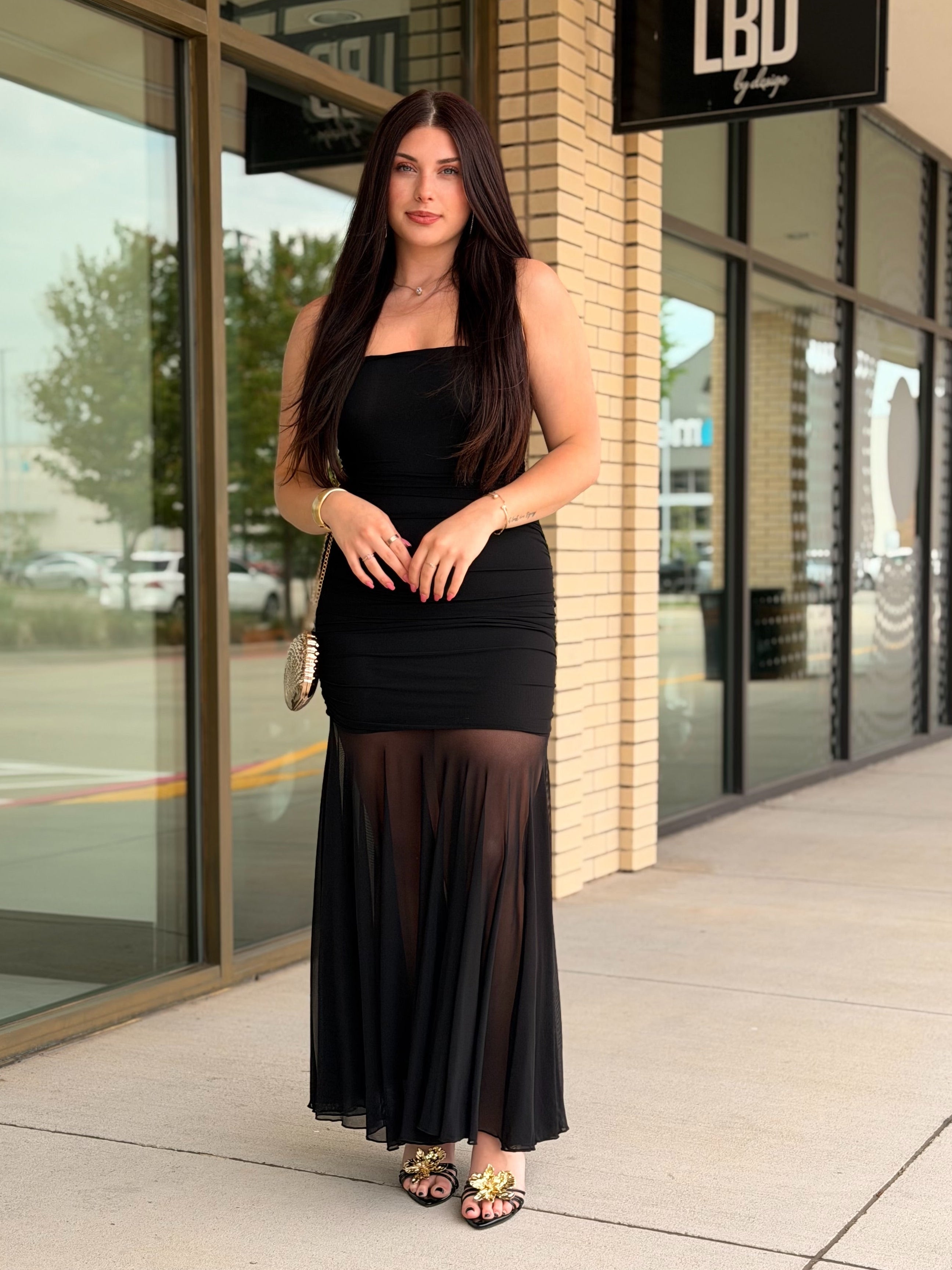 Stassie black ruched strapless midi dress