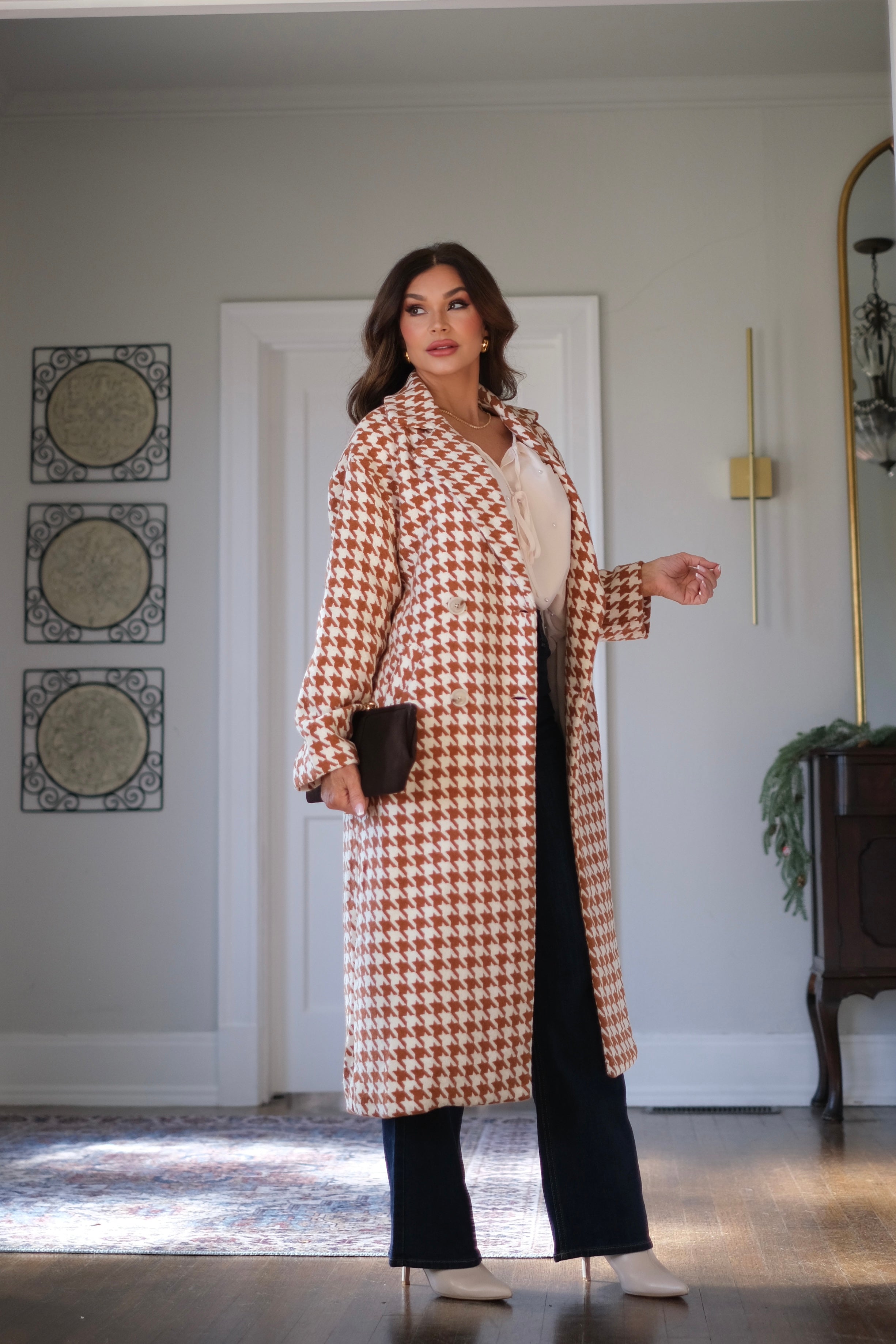 Rakin Rust and Ivory Houndstooth Long Coat