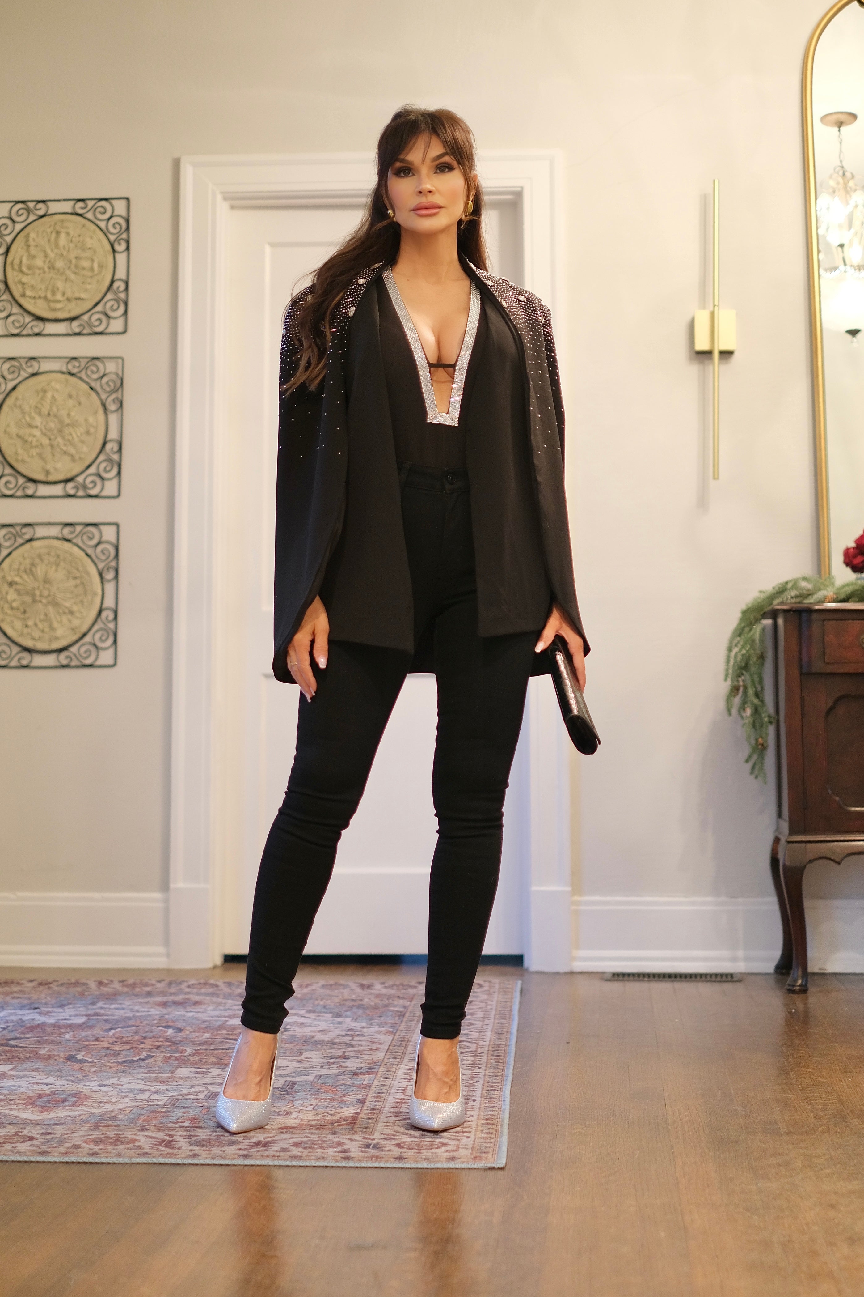 Bricelynn Black Cape Jacket with Rhinestone Detail