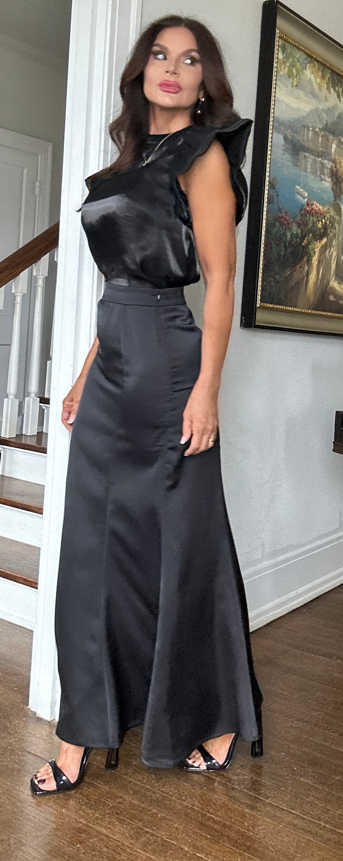 Ava black high waisted satin maxi skirt