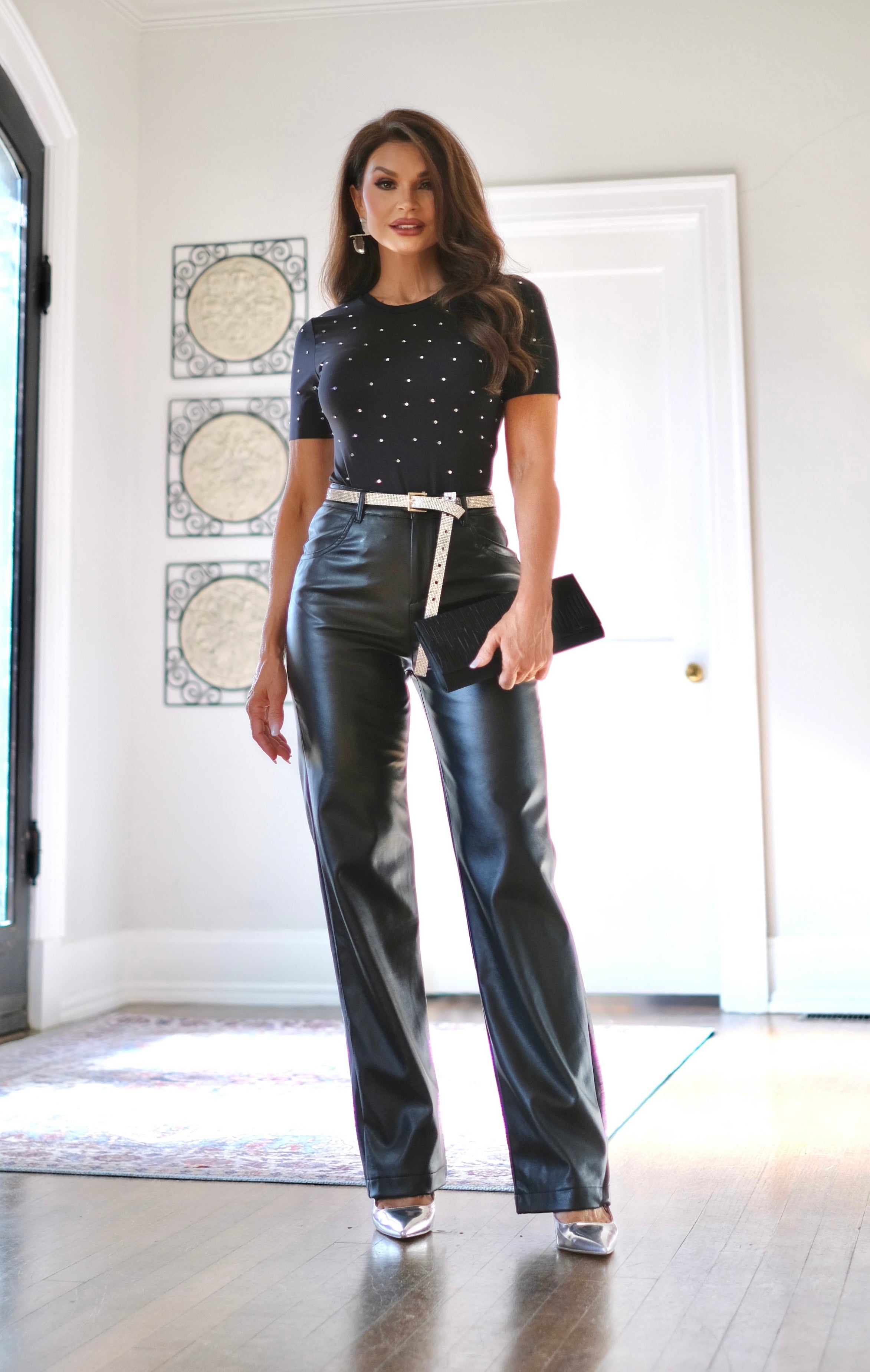 Kris black vegan leather high waist straight leg pant