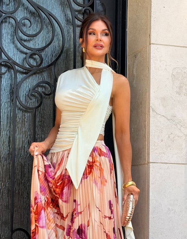 Kilah Cream Floral Pleated Maxi Skirt