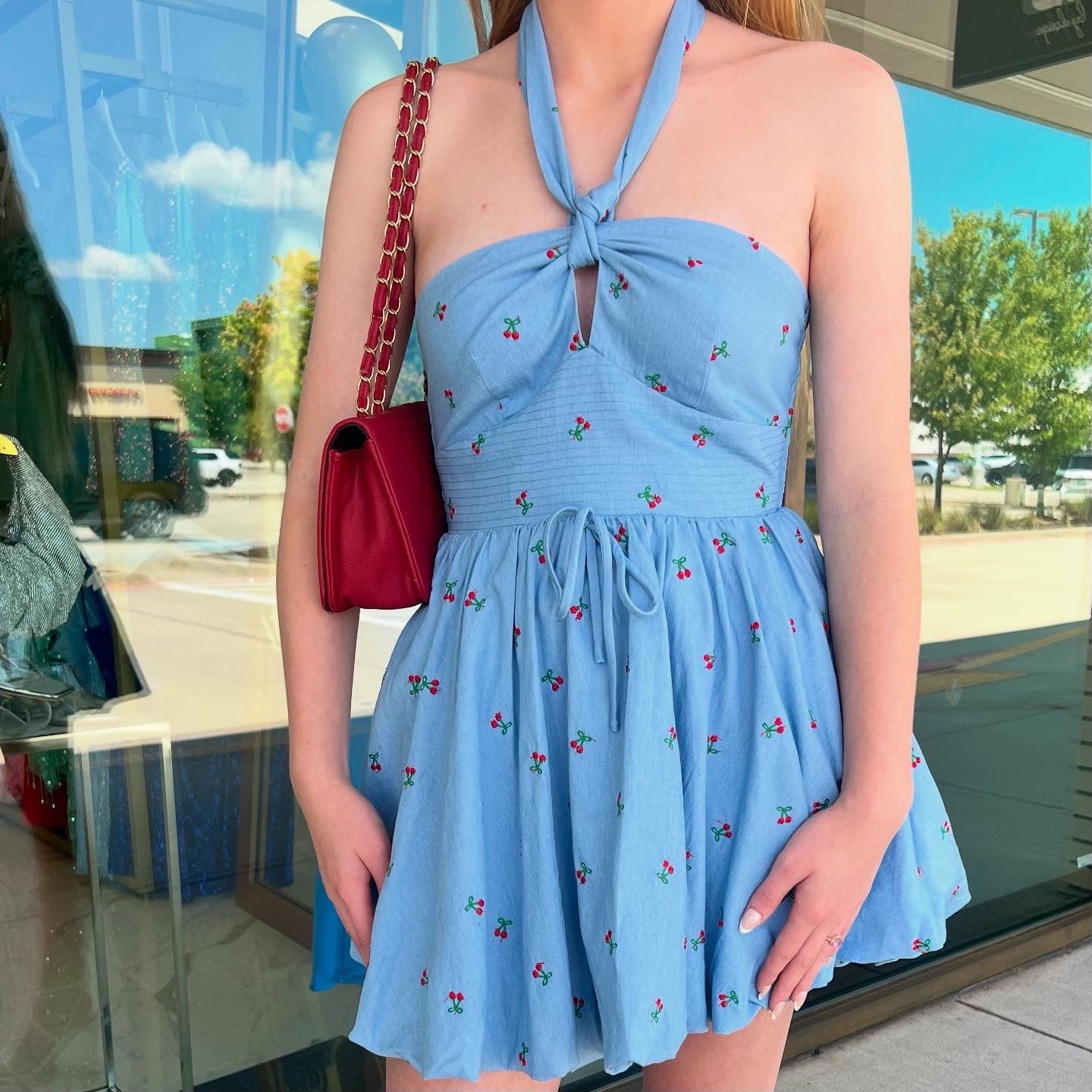Cherry Light Denim Halter Bubble Cherry Mini Dress