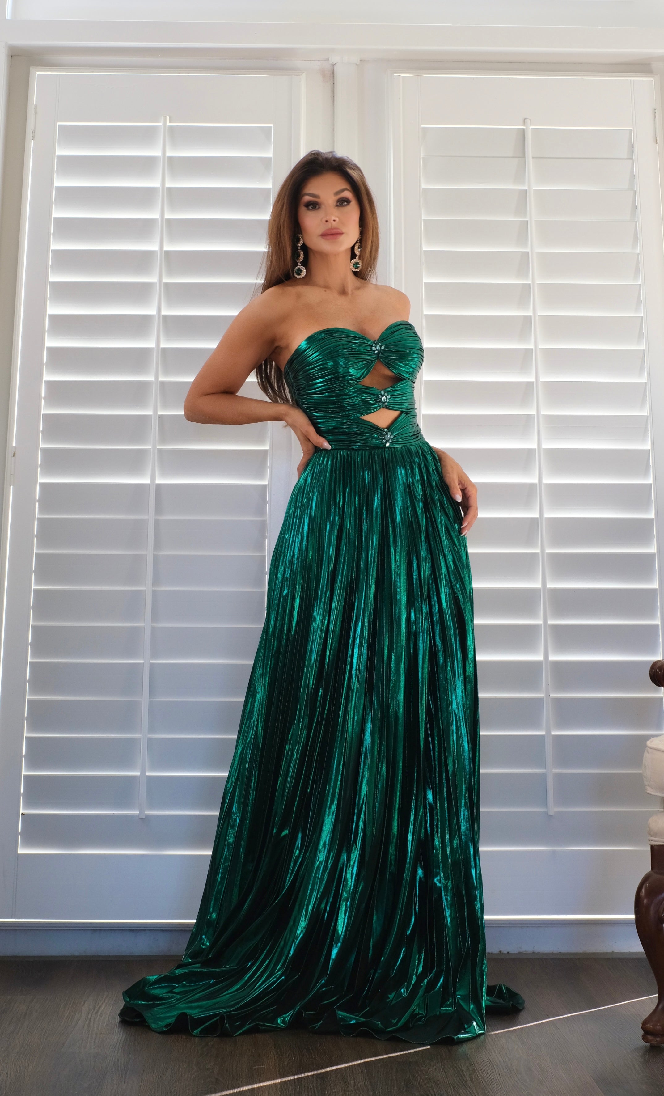 Janet emerald metallic formal with slit