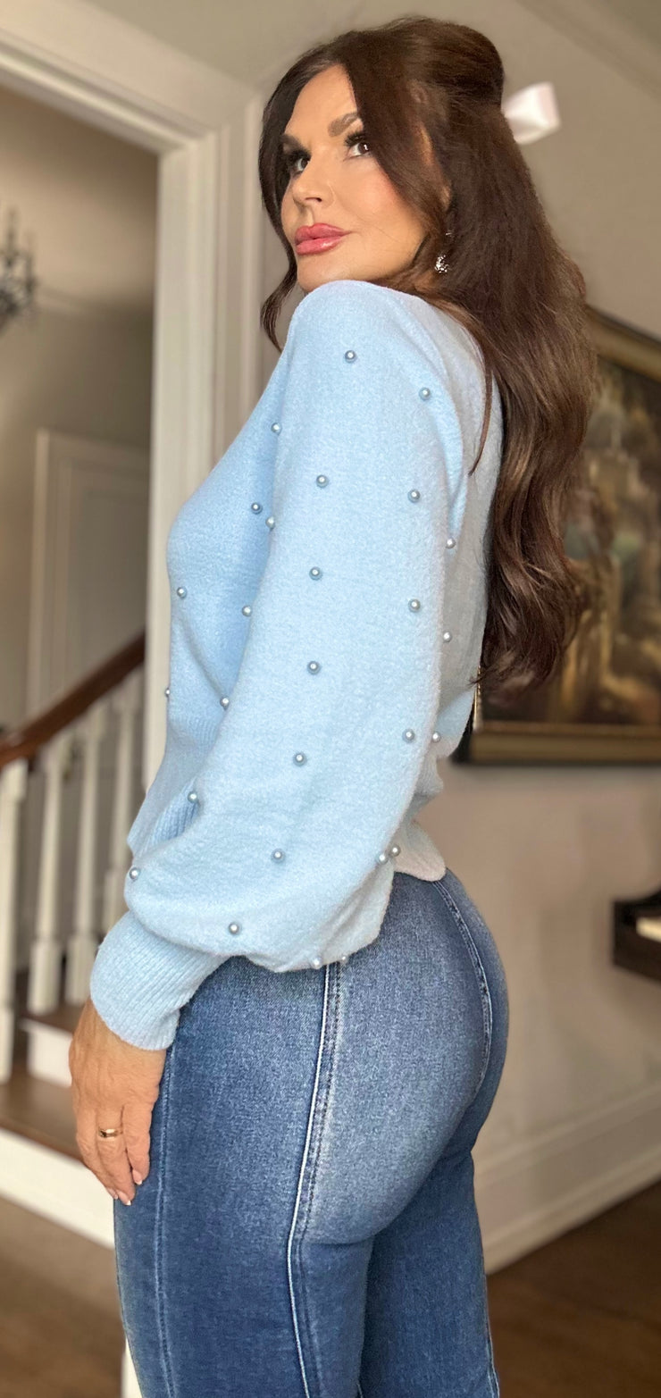 Cher Baby Blue puff sleeved sweater with pearls