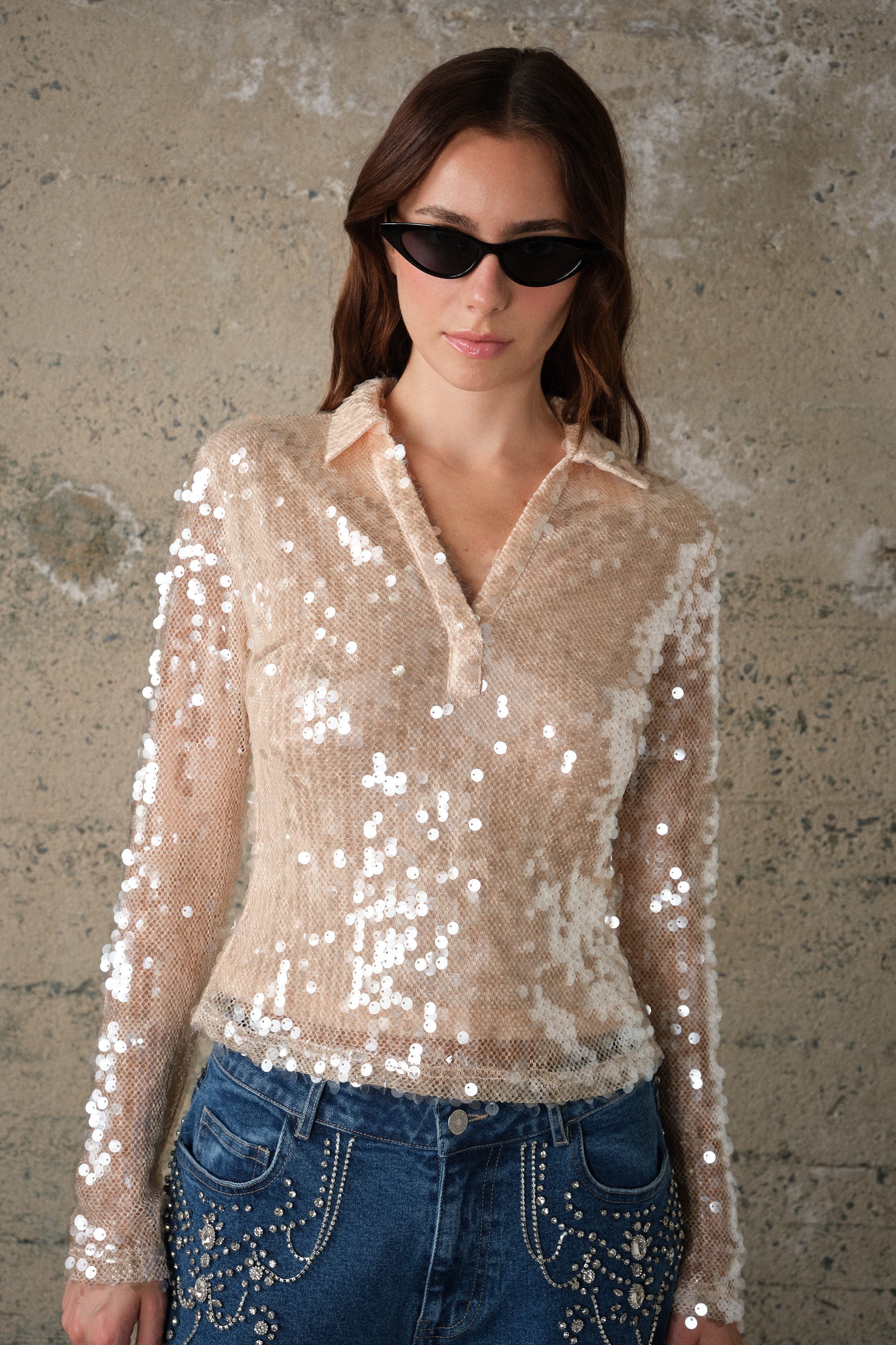 Hannah Nude Sequin Mesh Long Sleeve Top