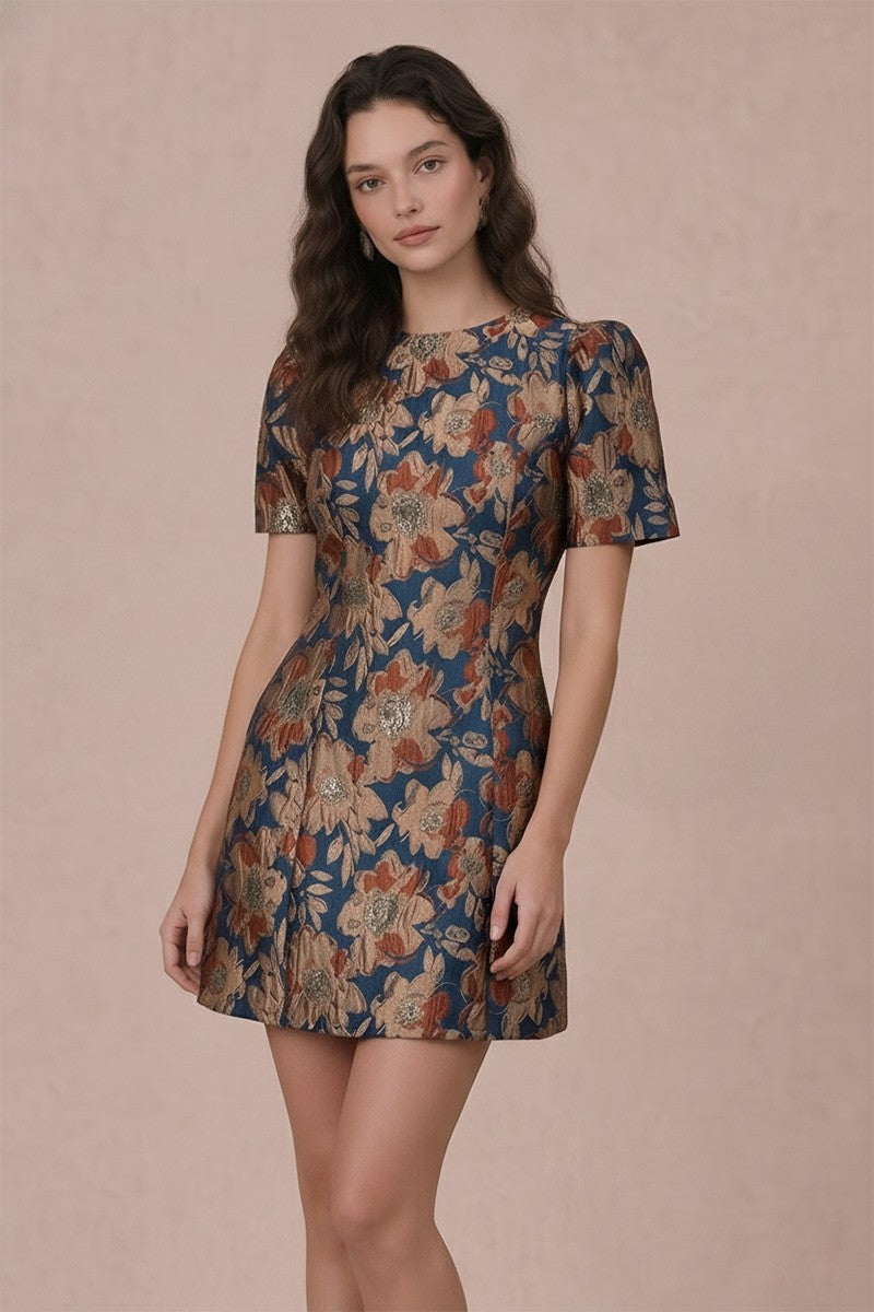 Kamryn Teal Puff Sleeve Jacquard Mini Dress