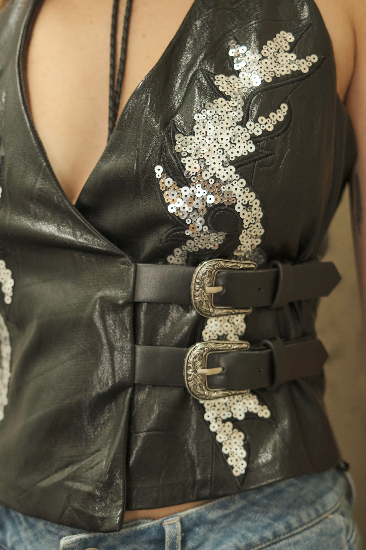 Becky Black Western Sequin Buckle Halter Top