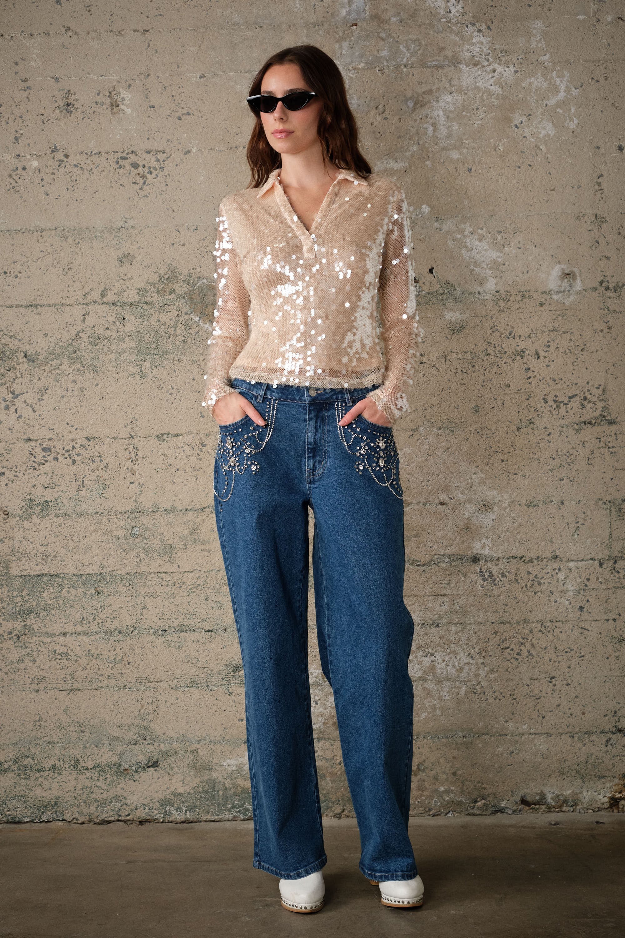 Hannah Nude Sequin Mesh Long Sleeve Top