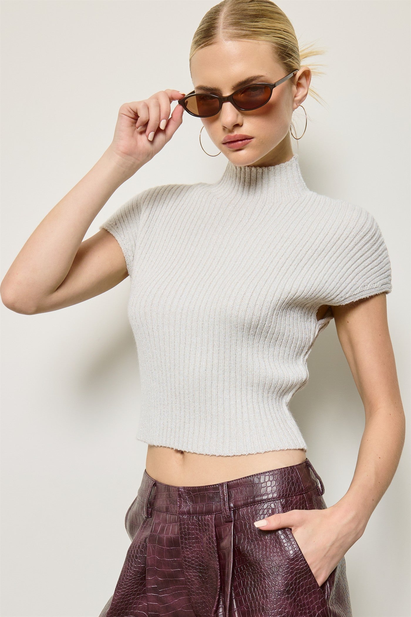 Aspen Silver Ribbed Mock Neck Knit Top