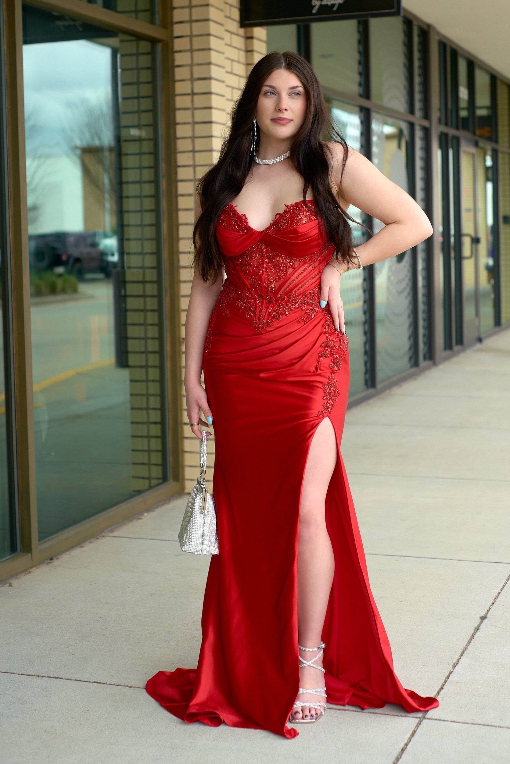 Alexis Red Embellished Strapless Gown