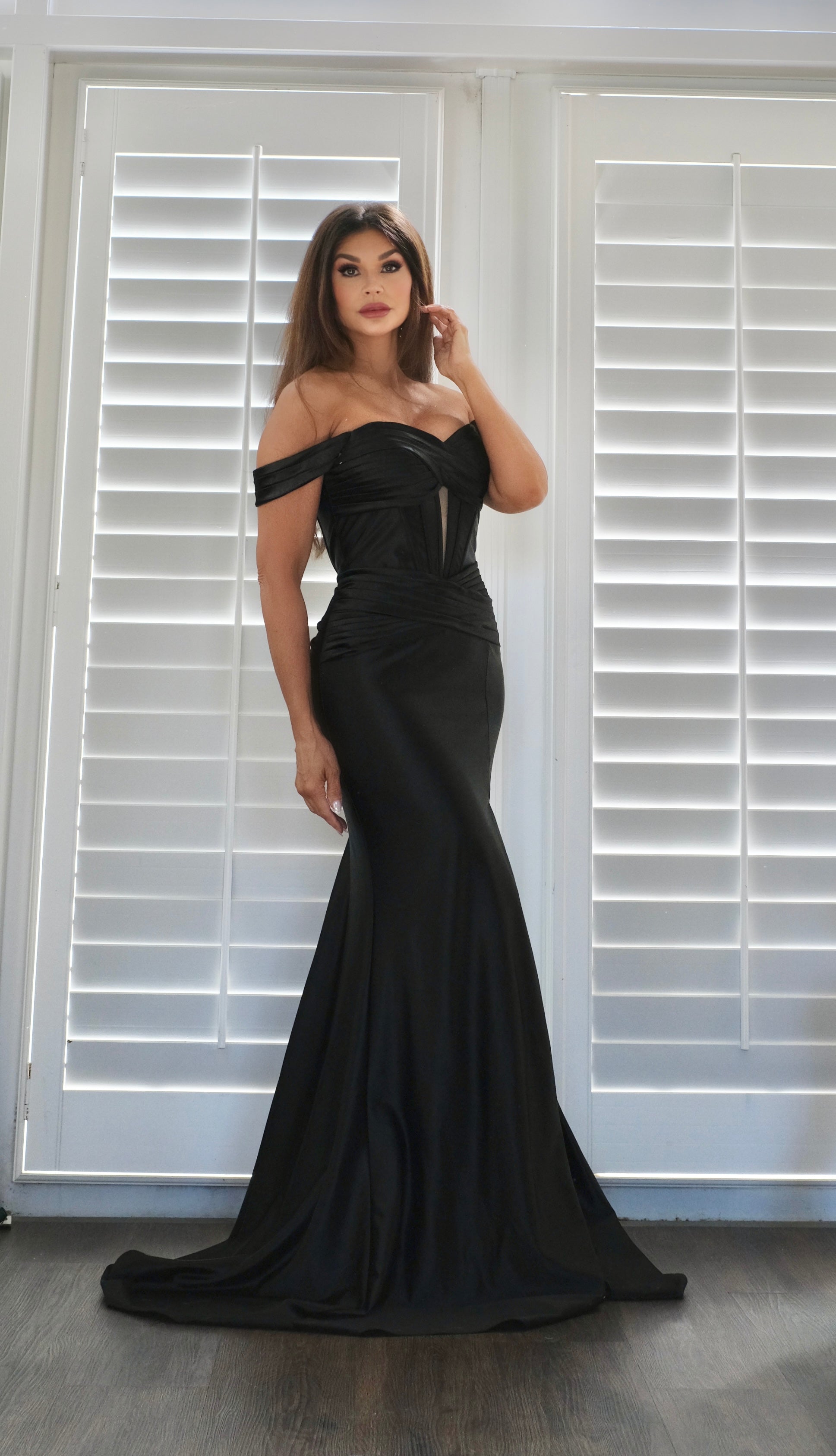 Roxanne black off shoulder twisted pleat satin formal dress