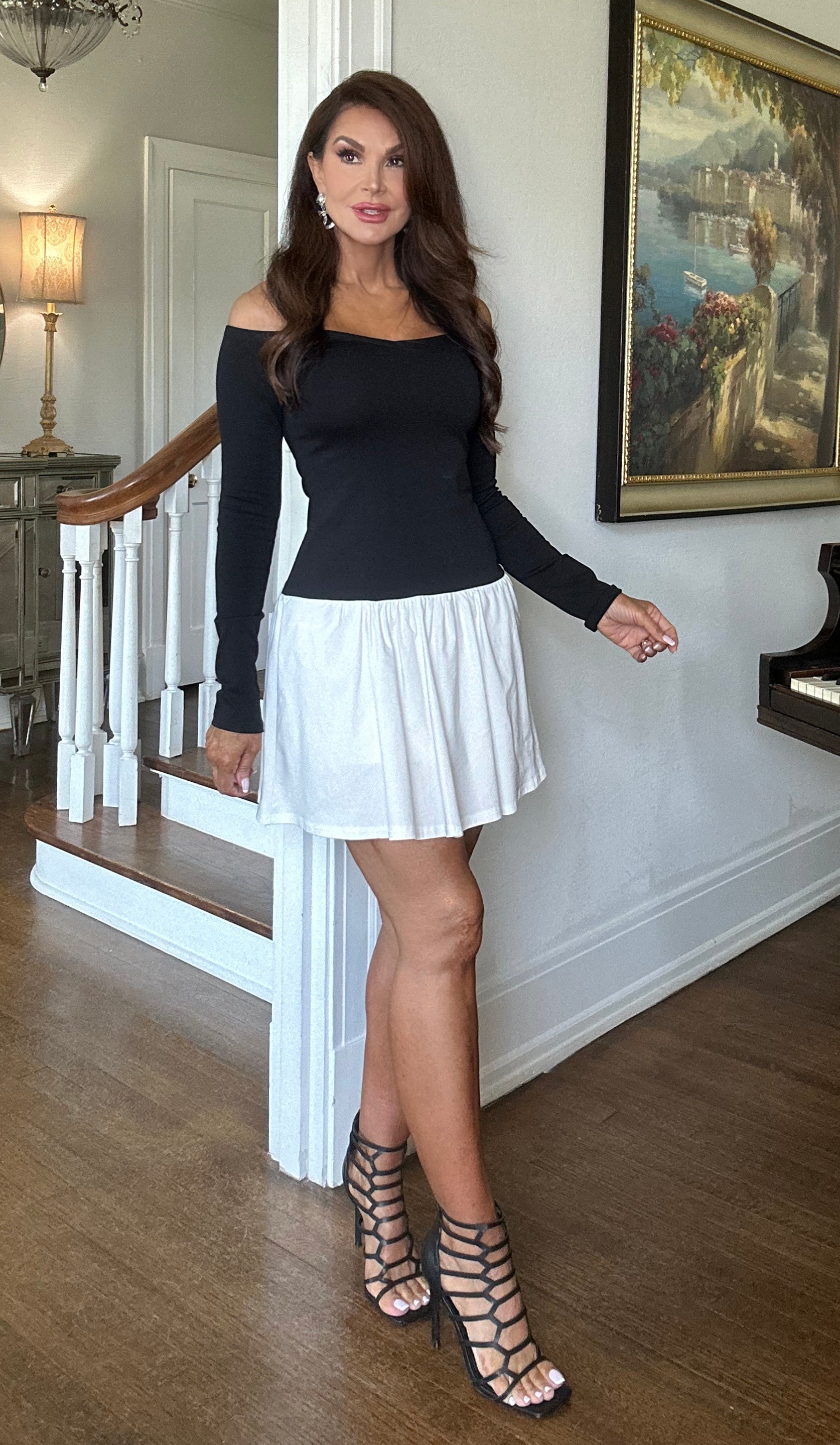 Ivy black and white off shoulder long sleeve mini dress