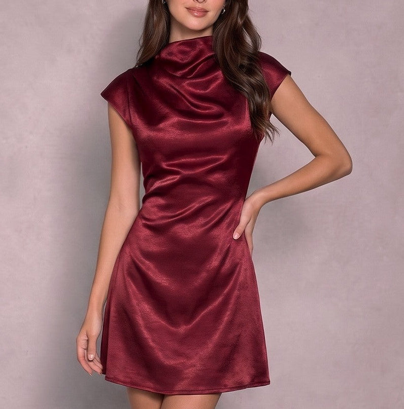 Brinley Burgundy Satin High Neck Cap Sleeve Mini Dress