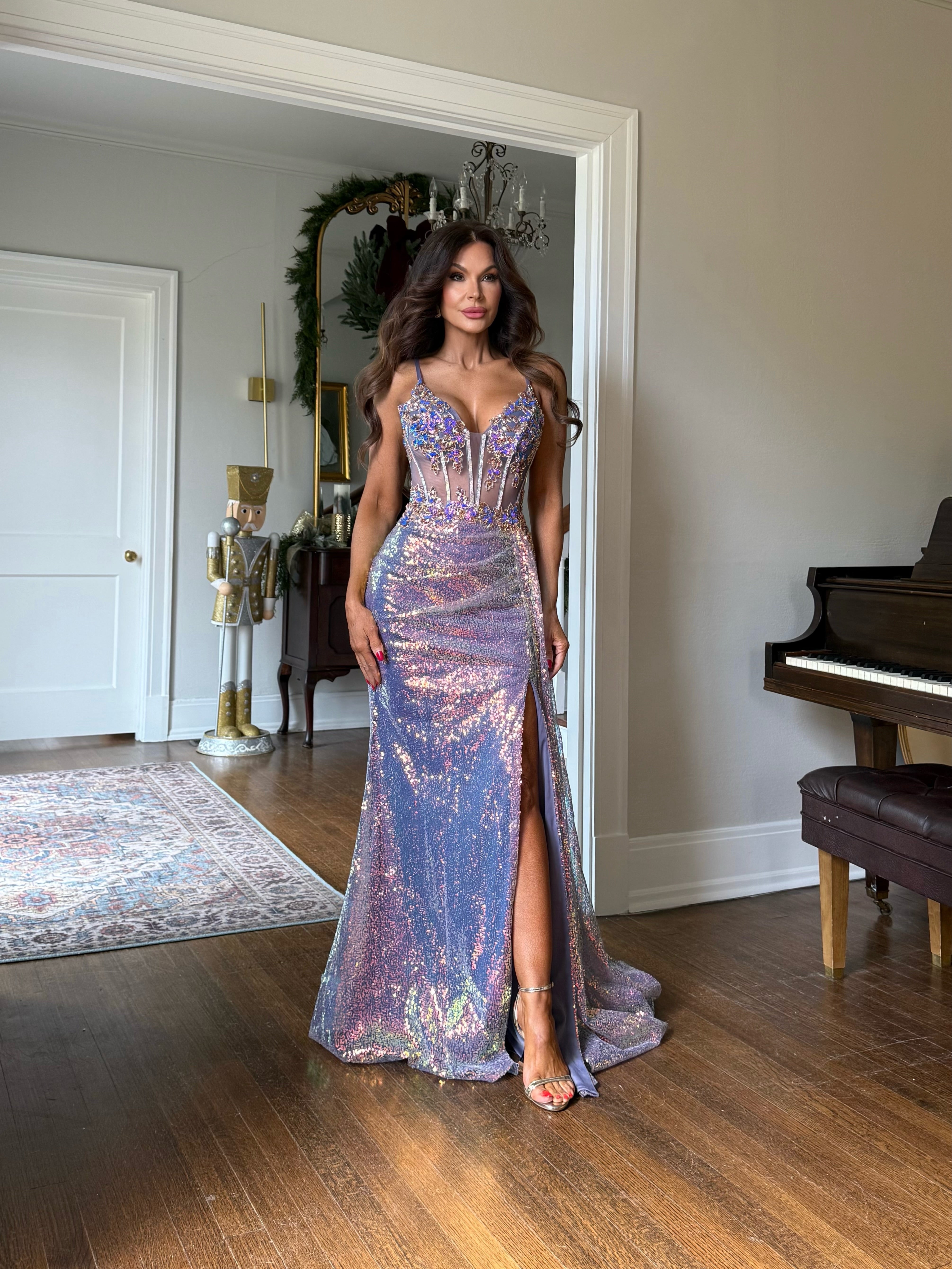 Gloria purple iridescent sequin corset formal