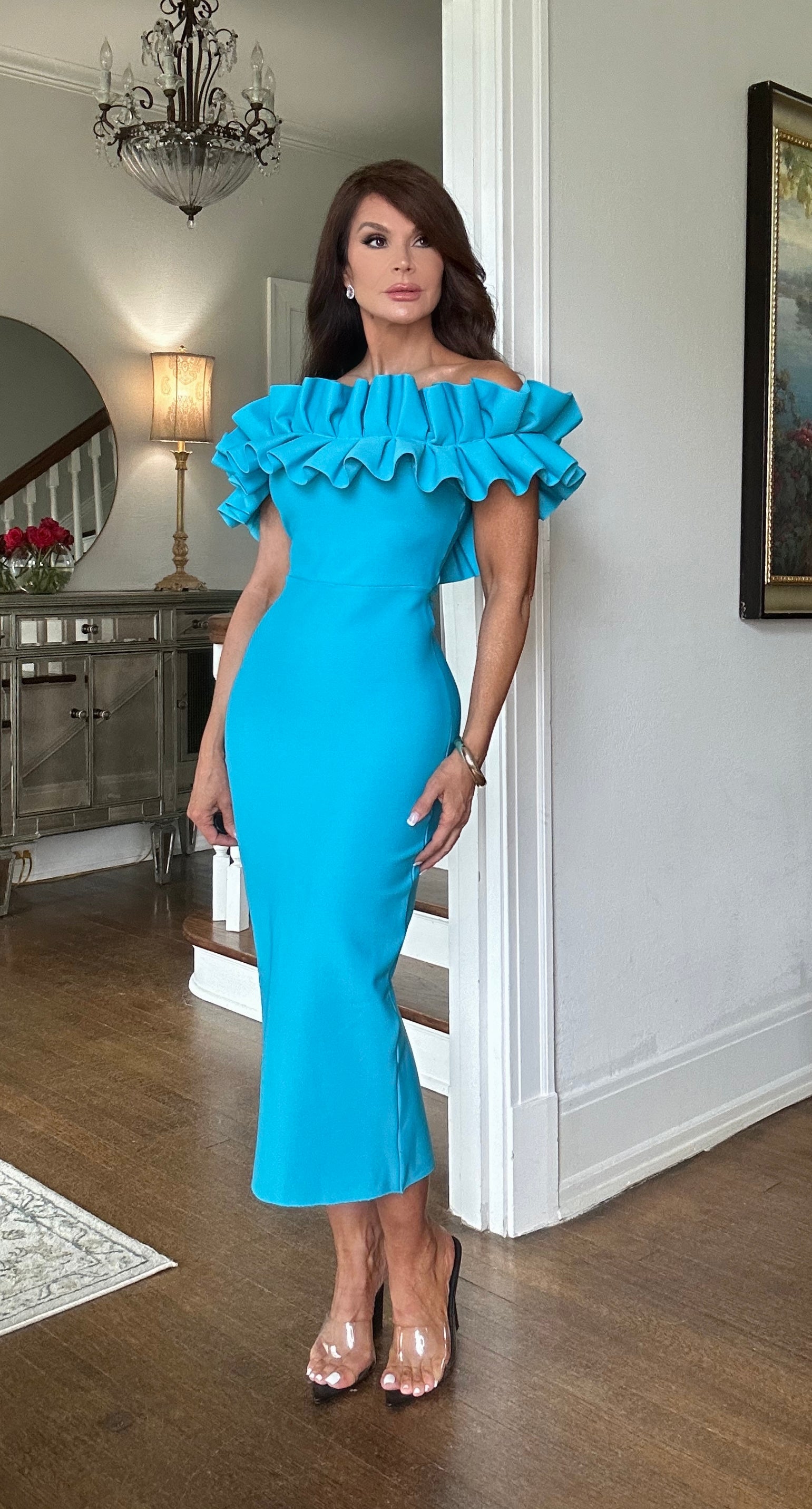 Raya turquoise off shoulder ruffle bandage midi dress