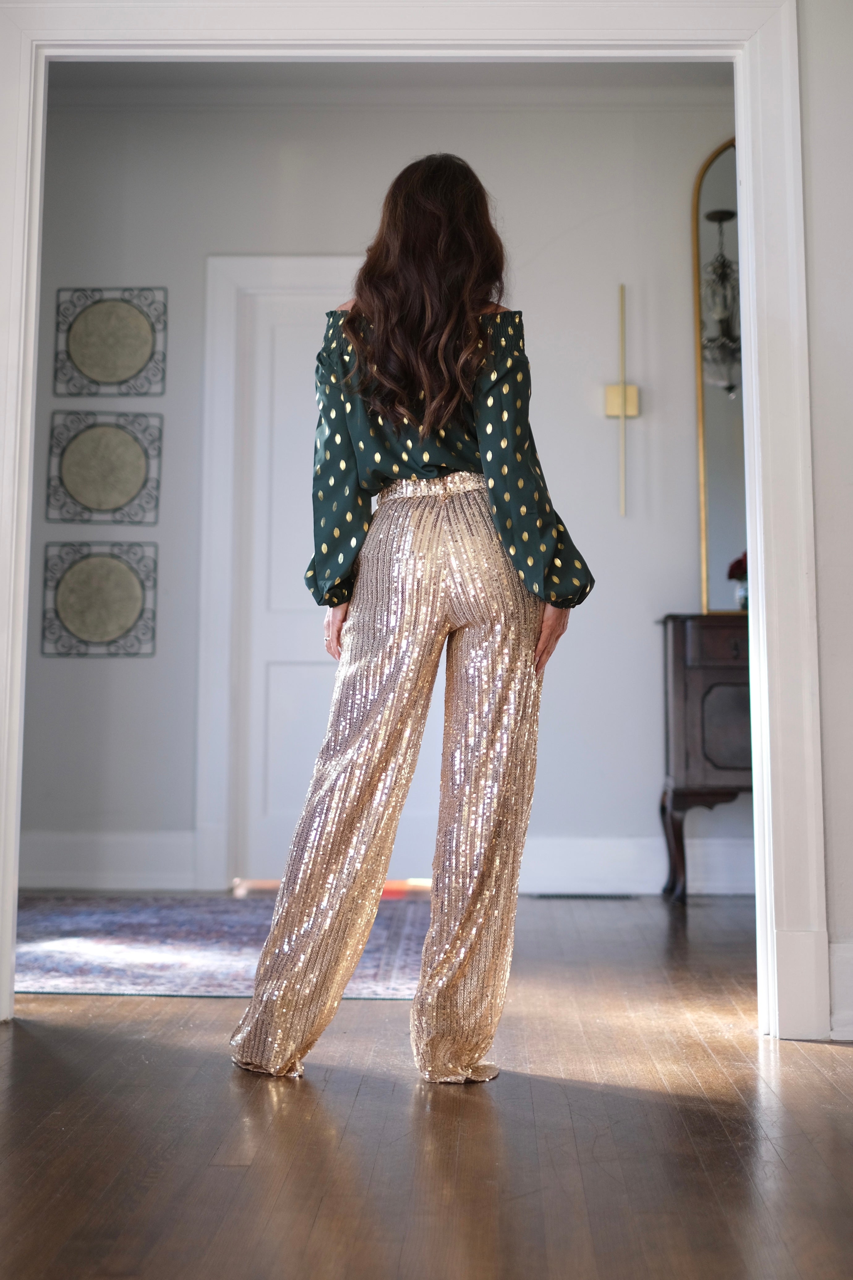 Rhone gold sequin structured trouser pant