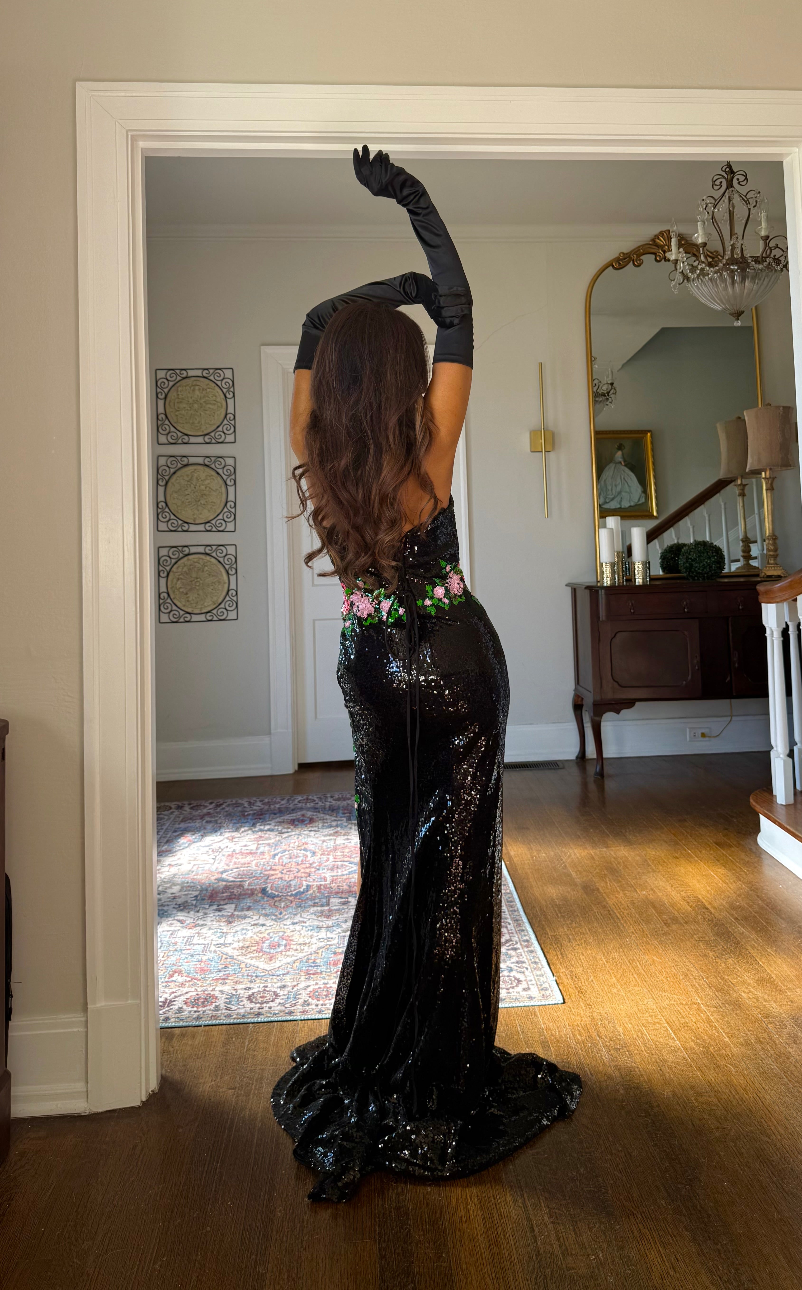 Margot Black Sequin Formal with Floral Pattern