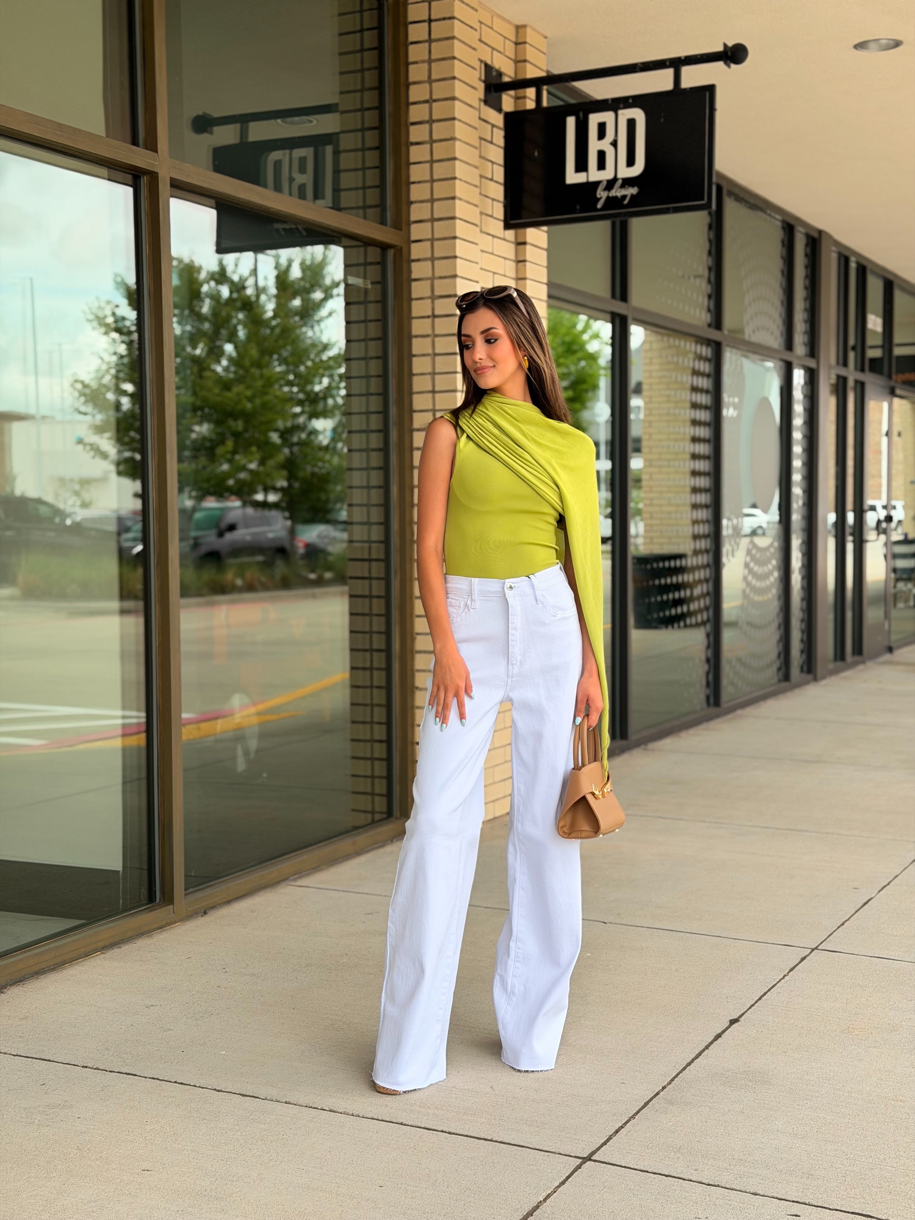 Colette Green Knit Asymmetrical Mesh Cape Top