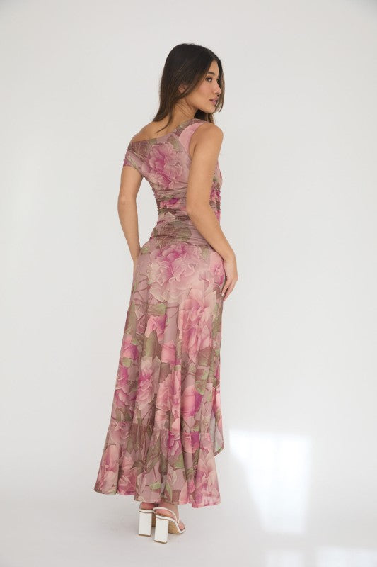 Trisha Blush Floral Mesh One Shoulder Side Ruffle Midi Dress