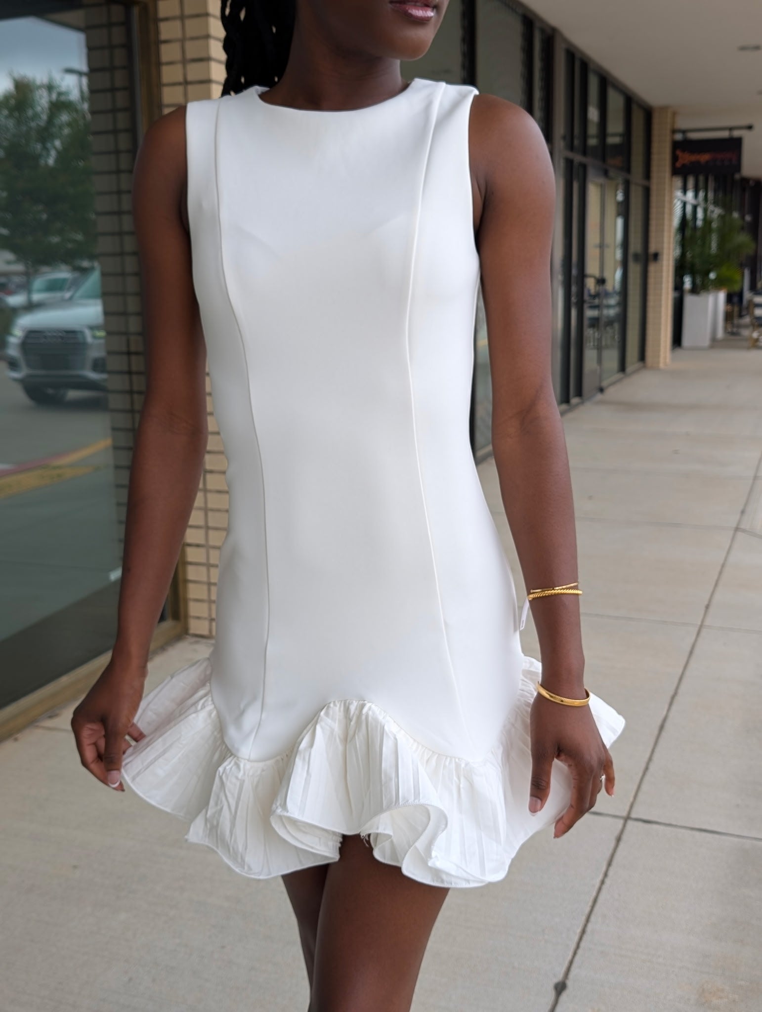 Greer white high neck mini dress with ruffle hem