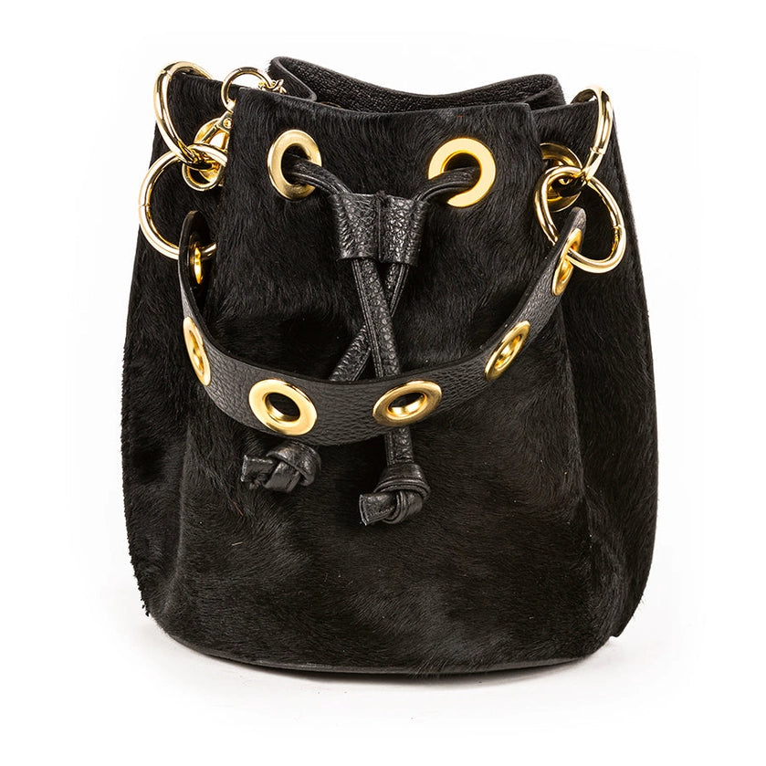 Harlow Black Genuine Leather and Cowhide Bucket Bag