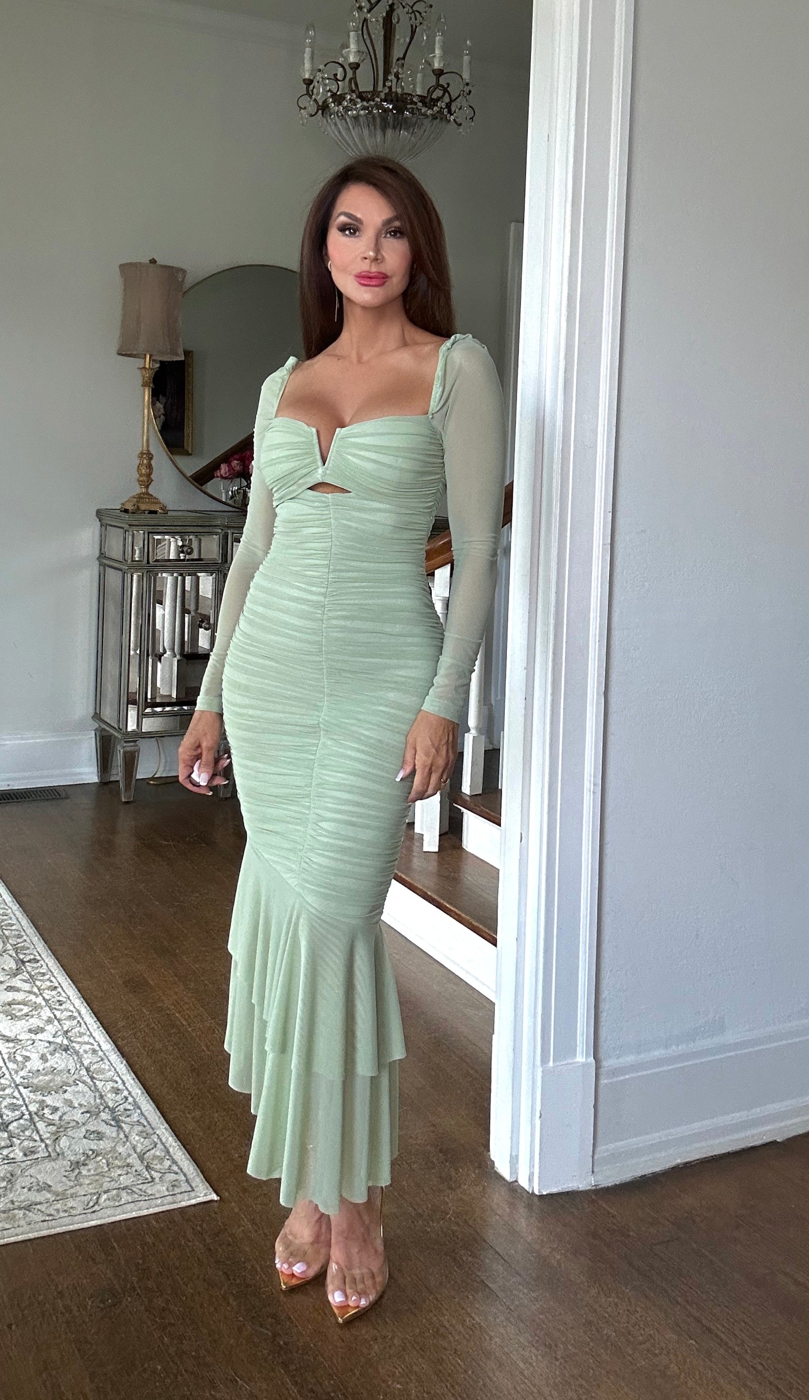 Ayla mint mesh rushed mermaid midi dress