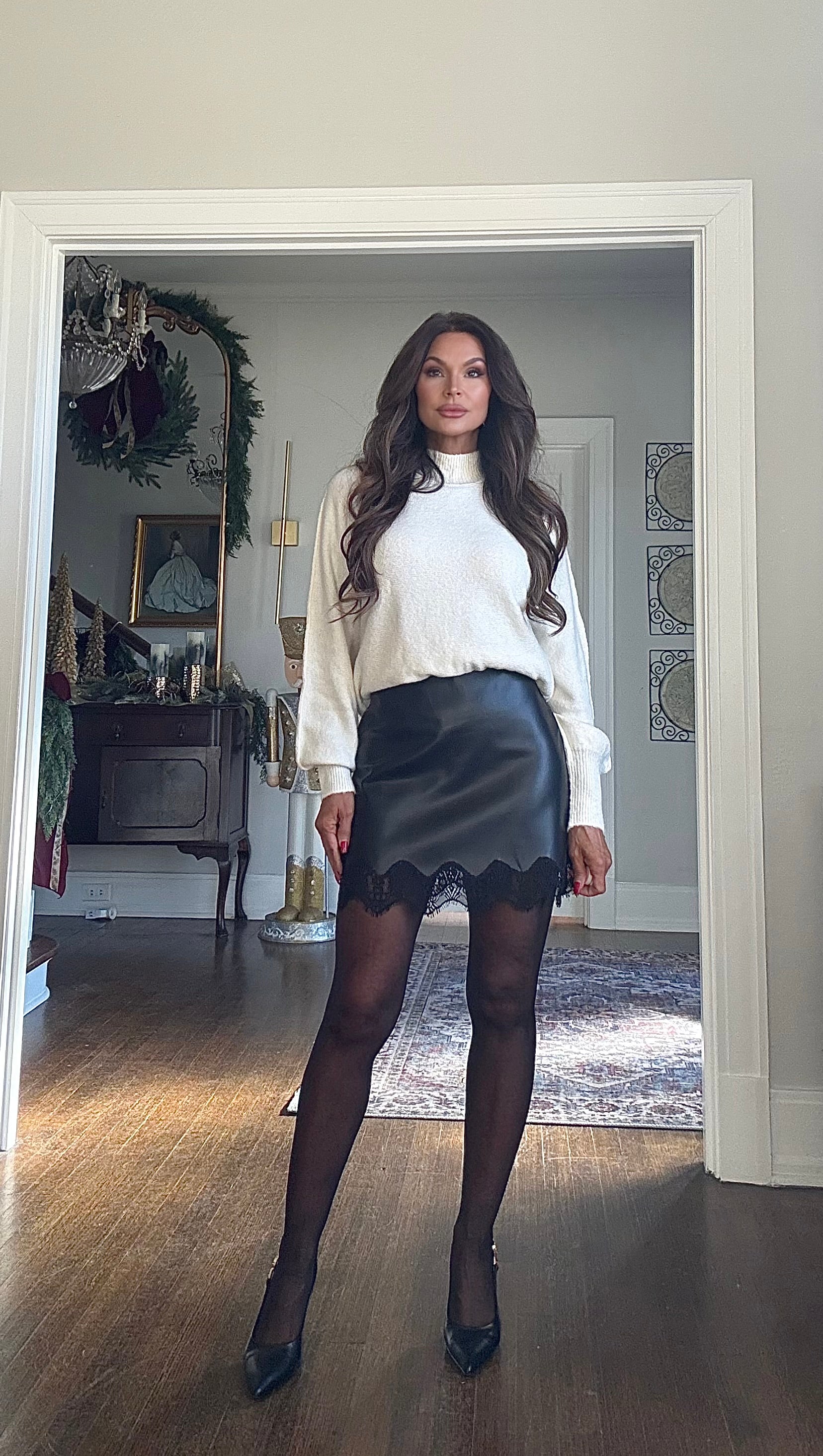 Chloe Black Vegan Leather Mini Skirt With Lace Trim